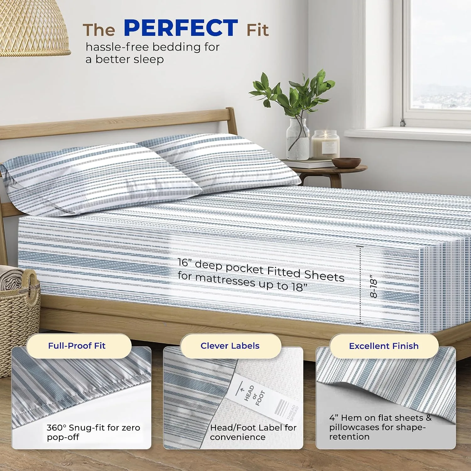 THREAD SPREAD Egyptian Cotton Sheets King Size - Luxury 600 Series King Size Sheets Set (4 PC, Dotted Stripe), 16" Deep Pocket All Around Elastic, Soft, Cooling, Sateen, Durable Hotel Bed Sheet Sets