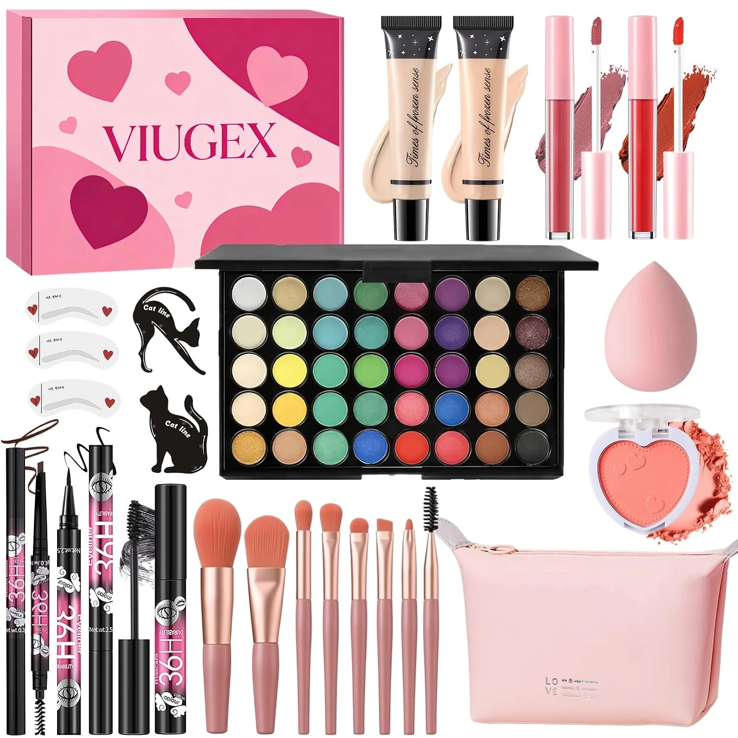 Makeup Set for Women, All in One Make Up Kit for Teen Girls Beginners, Travel Makeup Gift Set, Includes Foundation Eyeshadow Palette Blush Lipgloss Eyeliner Mascara Eyebrow Pen Cosmetic Brush Set
