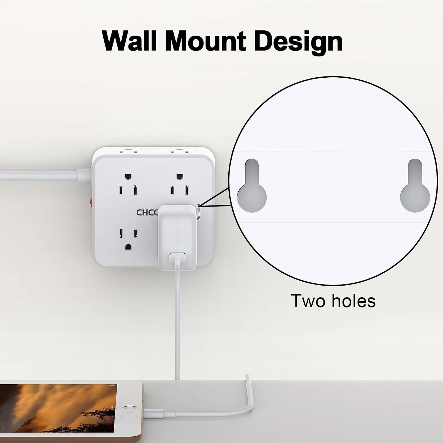 10Ft Surge Protector Power Strip - CHCORE Flat Plug Extension Cord with 8 Outlets and 4 USB Ports(2 USB C), 3 Side Wall Mount Outlet Extender for Home Dorm Room Essentials, ETL Listed, White