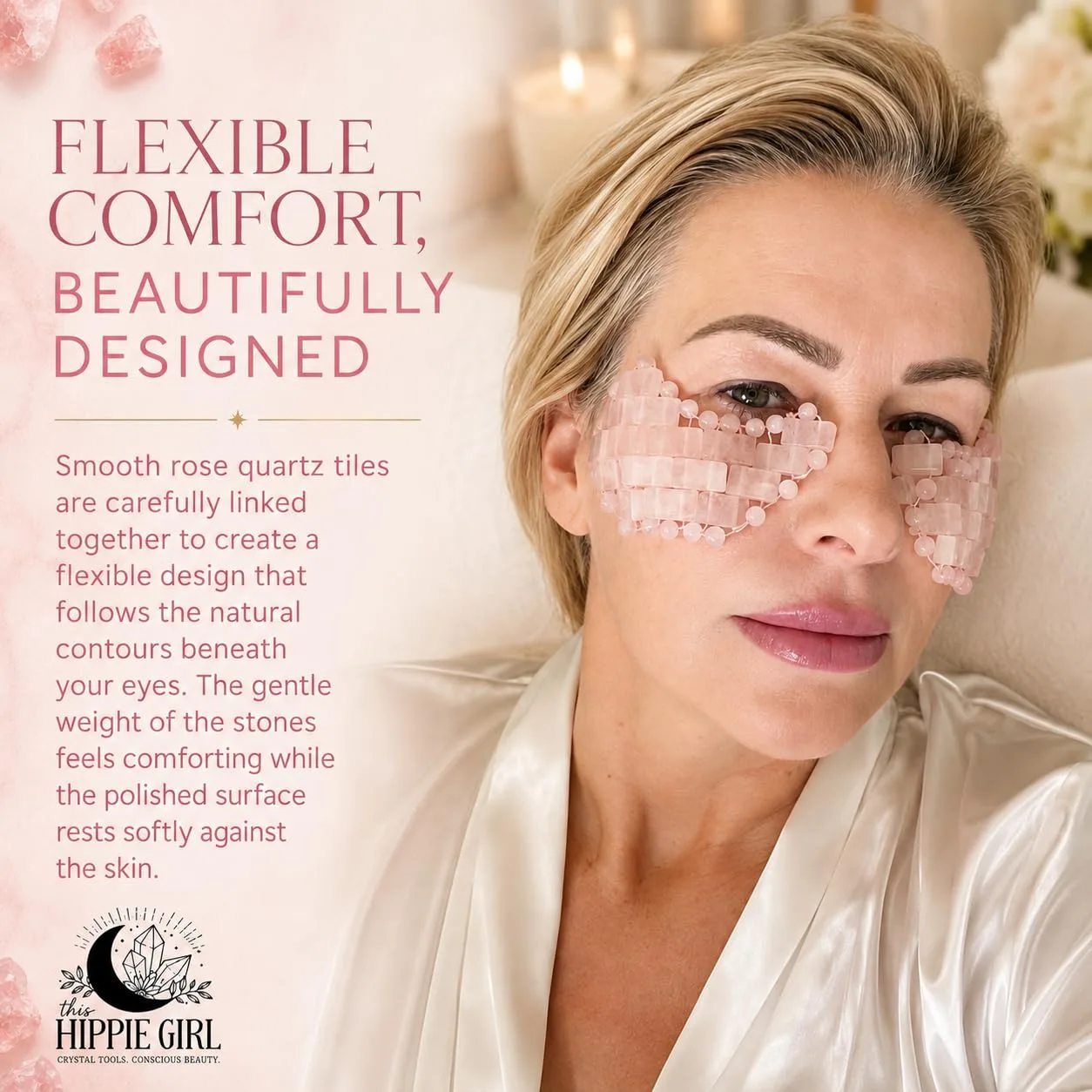 This Hippie Girl Rose Quartz Under Eye Masks, Reusable Cooling Crystal Skincare Tools for Under-Eye Facial Massage, 2-Piece Set