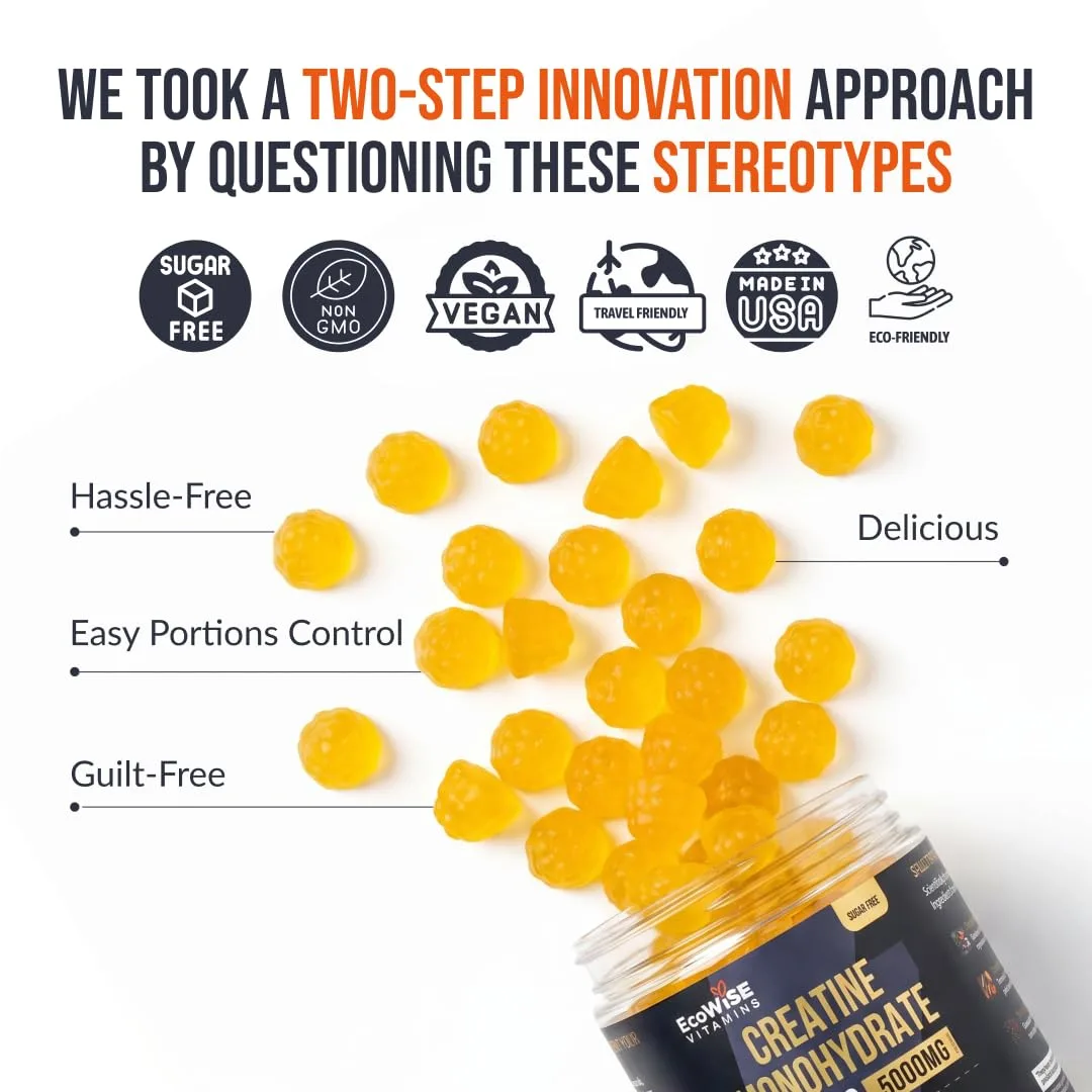 ECOWISE VITAMINS Creatine Monohydrate Gummies 5000 mg per Serving, Mango Flavor, with Turmeric Root & Black Pepper, Sugar Free, Vegan Creatine Gummies, 120 Gummies, 30 Servings