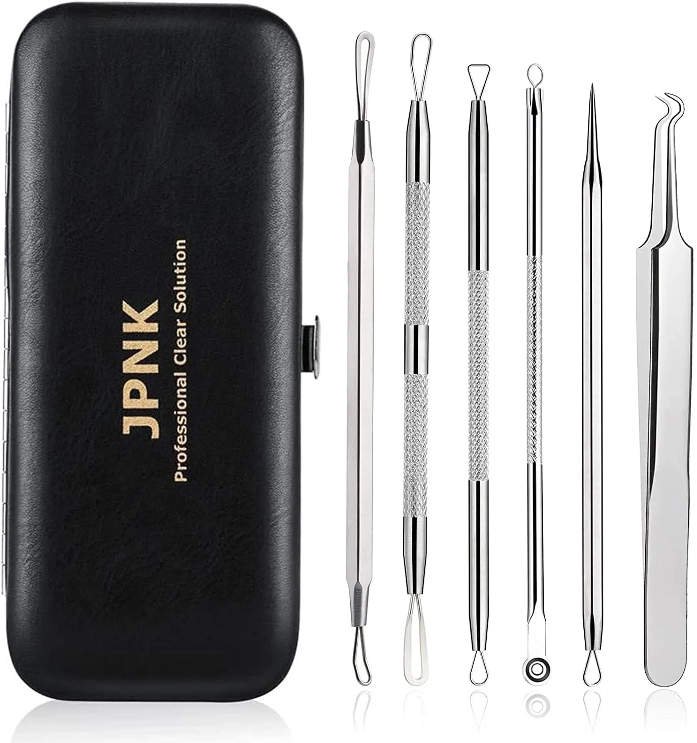 JPNK Blackhead Remover Tool Comedones Extractor Acne Removal Kit for Blemish, Whitehead Popping, 6 Pcs Zit Removing for Nose Face Tools with a Leather Bag (Black)