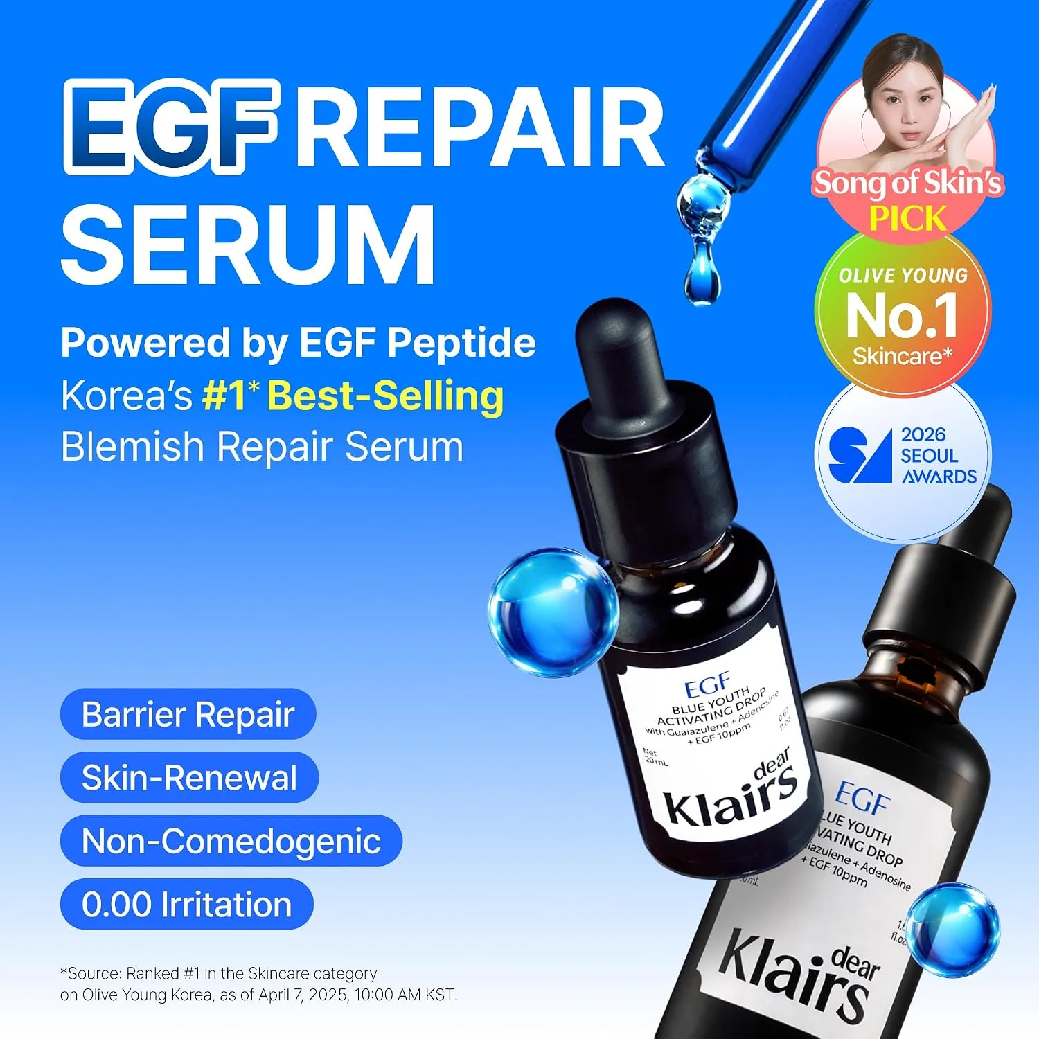 DearKlairs EGF Serum, Blue Youth Activating Drop, 1.01 Fl Oz