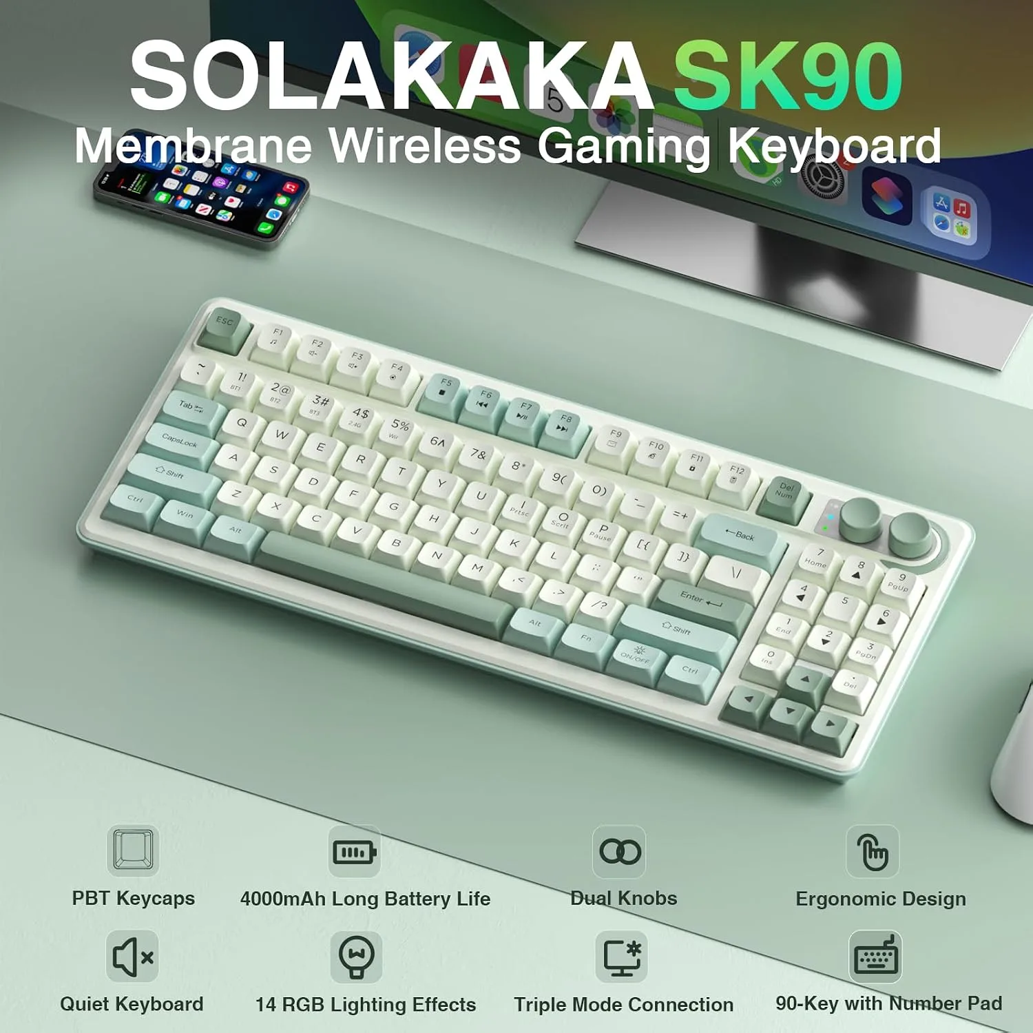 SOLAKAKA SK90 75% Wireless Gaming Keyboard with Media Knob & Number Pad