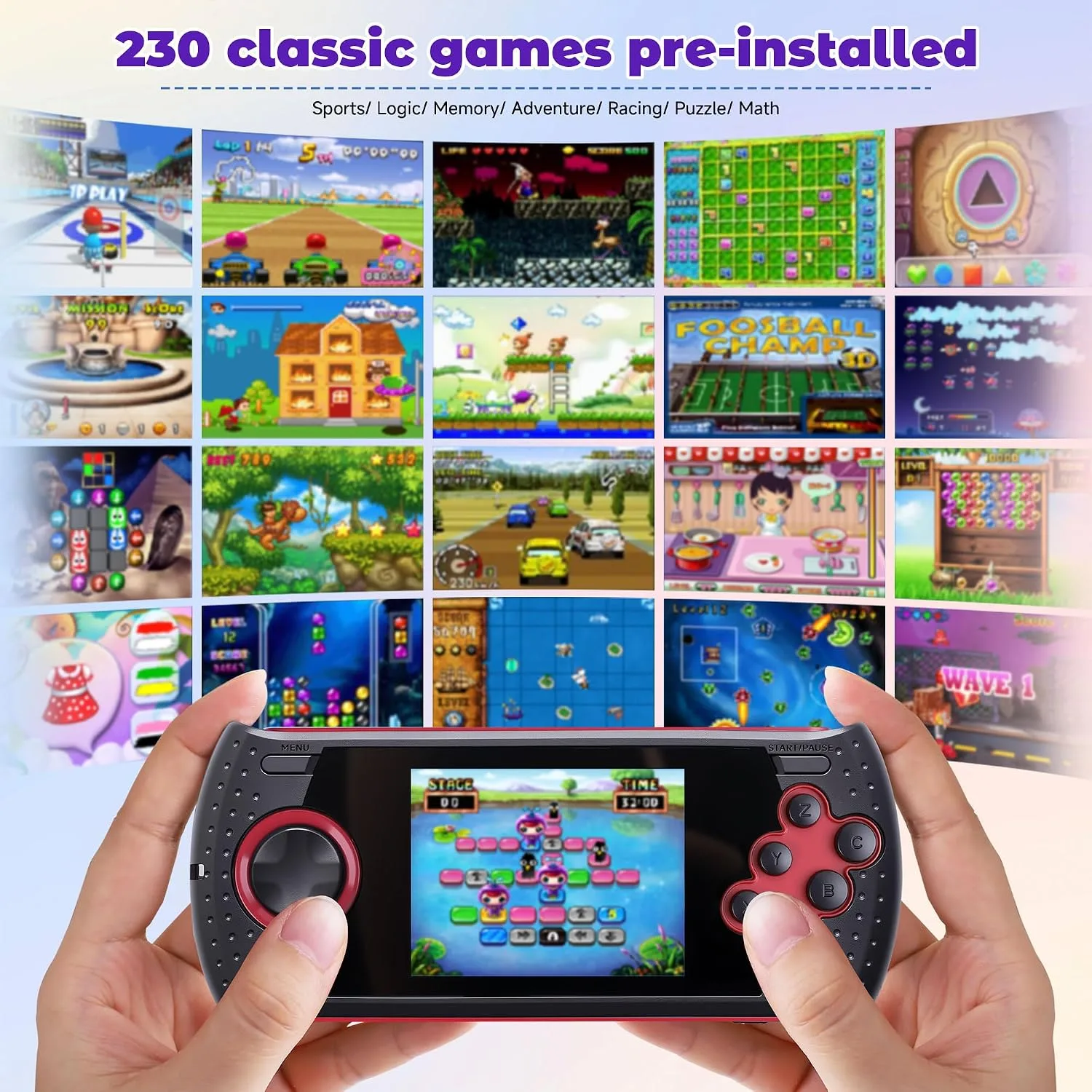 16 Bit Handheld Game for Kids Built-in 230 HD Classic Retro Video Games USB Rechargeable 3.0 Inch Childrens Travel Electronics Toys Portable Gaming Player System Gift for Boys Girls Ages 4-8-12