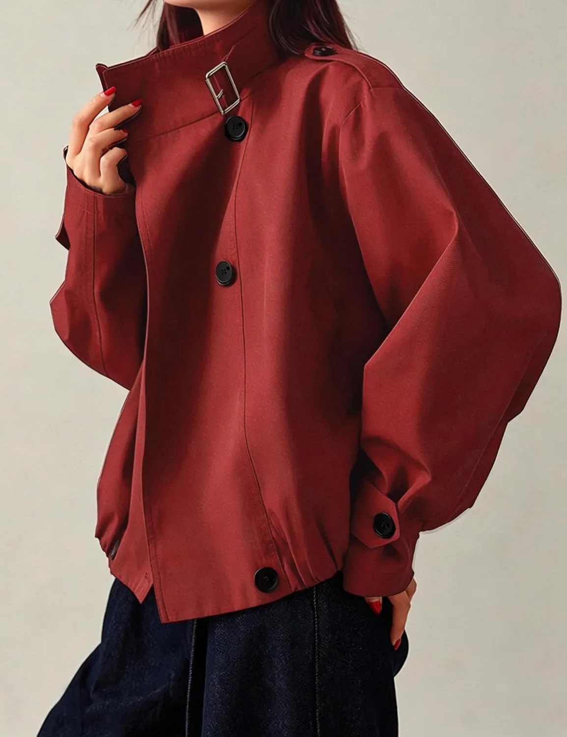 Megfie Jackets for Women Vintage Trench Coat Funnel Neck Cropped Jackets