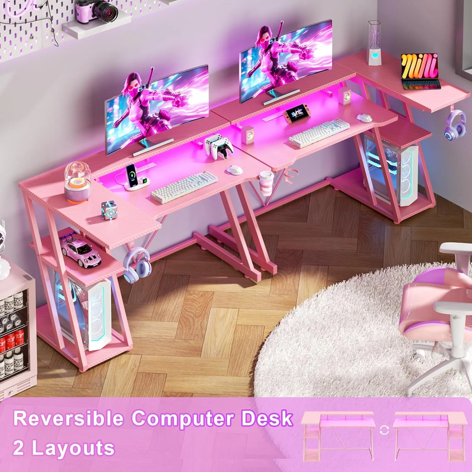 Korfile 40 Inch Gaming Desk with Power Outlet, LED, Carbon Fiber Pink