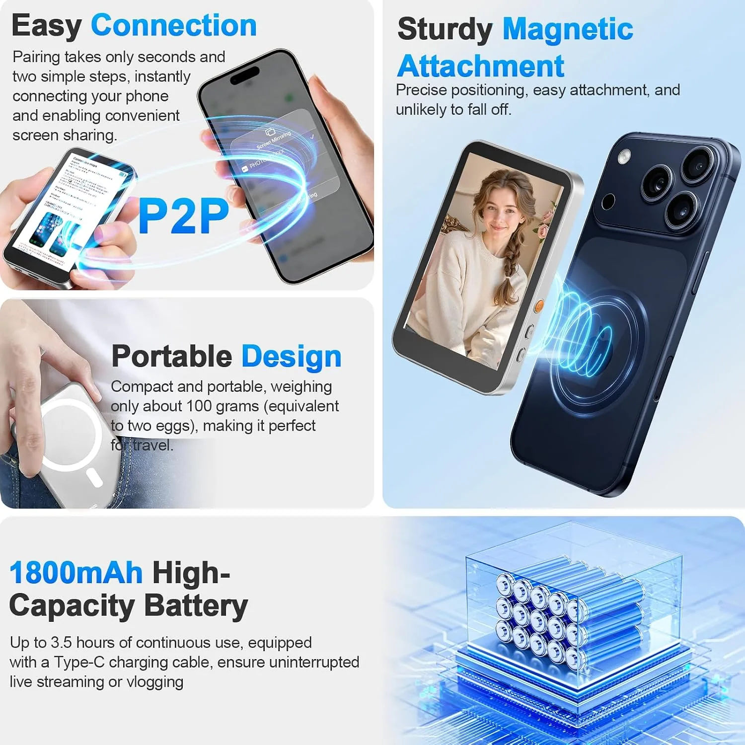 HUOMU Magnetic Vlog Selfie Monitor Screen for iPhone 17 & Android, 4K No Latency Wireless Video Recording with Remote Zoom & Shoot, Content Creator essentials Back Camera Monitor for vlogging YouTube