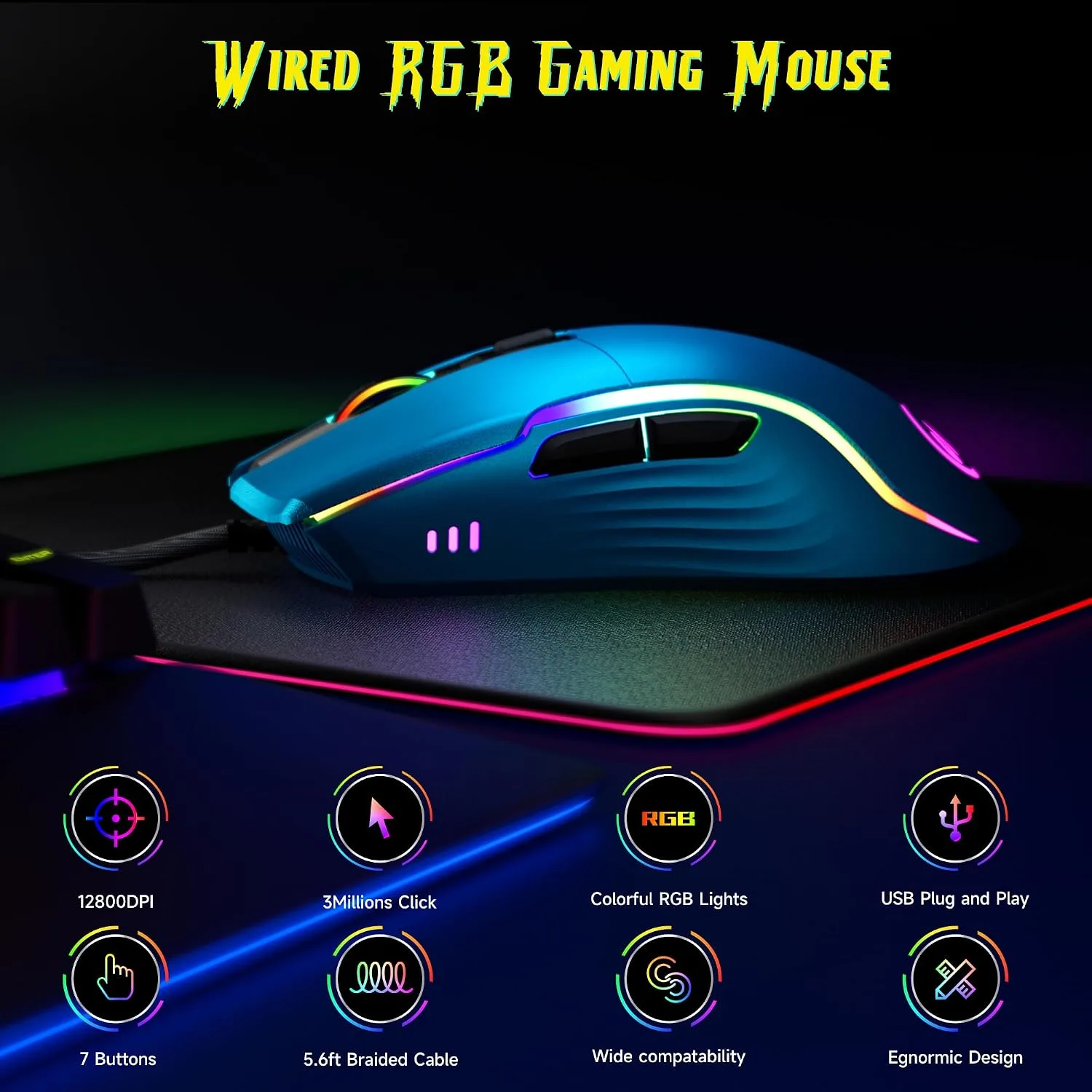 memzuoix Wired Gaming Mouse with RGB - 6 Adjustable DPI up to 12800, 6 Buttons, 12 Lighting Modes, Ergonomic Design with Anti-Slip Rubber Wheel, 5.6ft Braided Cable for PC/Mac/Windows - Blue