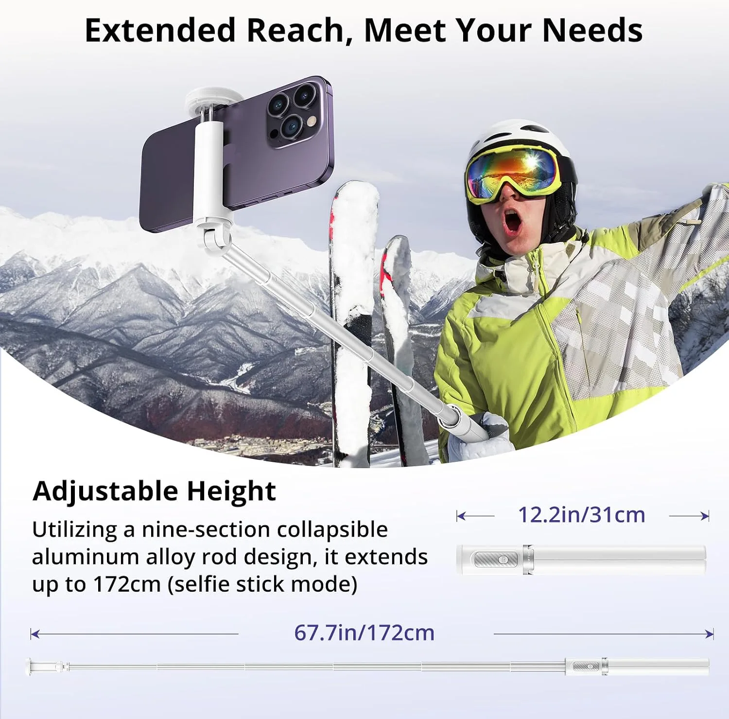 ATUMTEK 68.5" Selfie Stick Tripod, Extendable Aluminum Tripod with Rechargeable Bluetooth Remote, Compatible with iPhone and Android Smartphones, Perfect for Travel, Vlog, Video and Photo, White