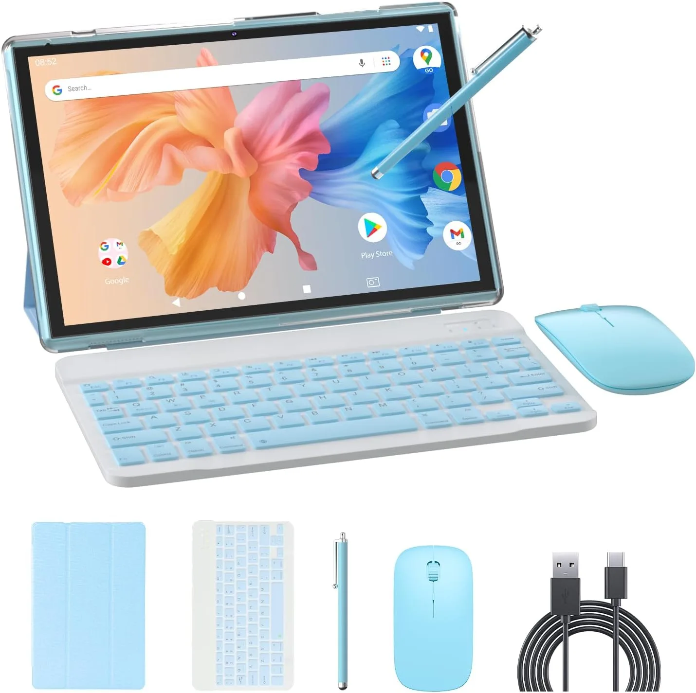 2 in 1 Tablet 10 Inch Android 15 Tableta, Tablets with Keyboard Mouse Case Stylus, 8GB RAM 32GB ROM Supports 1TB Expansion, 2MP+8MP Dual Camera Quad Core Processor 6000mAh Battery 10.1 IN FHD Tab Blue