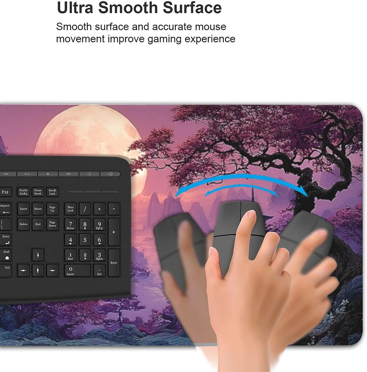 Large Gaming Desk Mat, Fantasy Japanese Temple Design, Purple, 35.4" x 15.7", Non-Slip Rubber Base, Stitched Edges