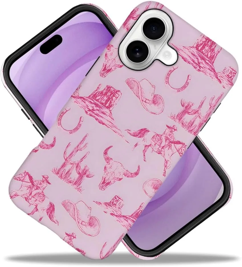 Case Compatible with iPhone 17,Fall Prevention Hybrid 2-Layer Hard Shell Phone Cover for Girls Boys,Pink Hat Horse Western Cowboy