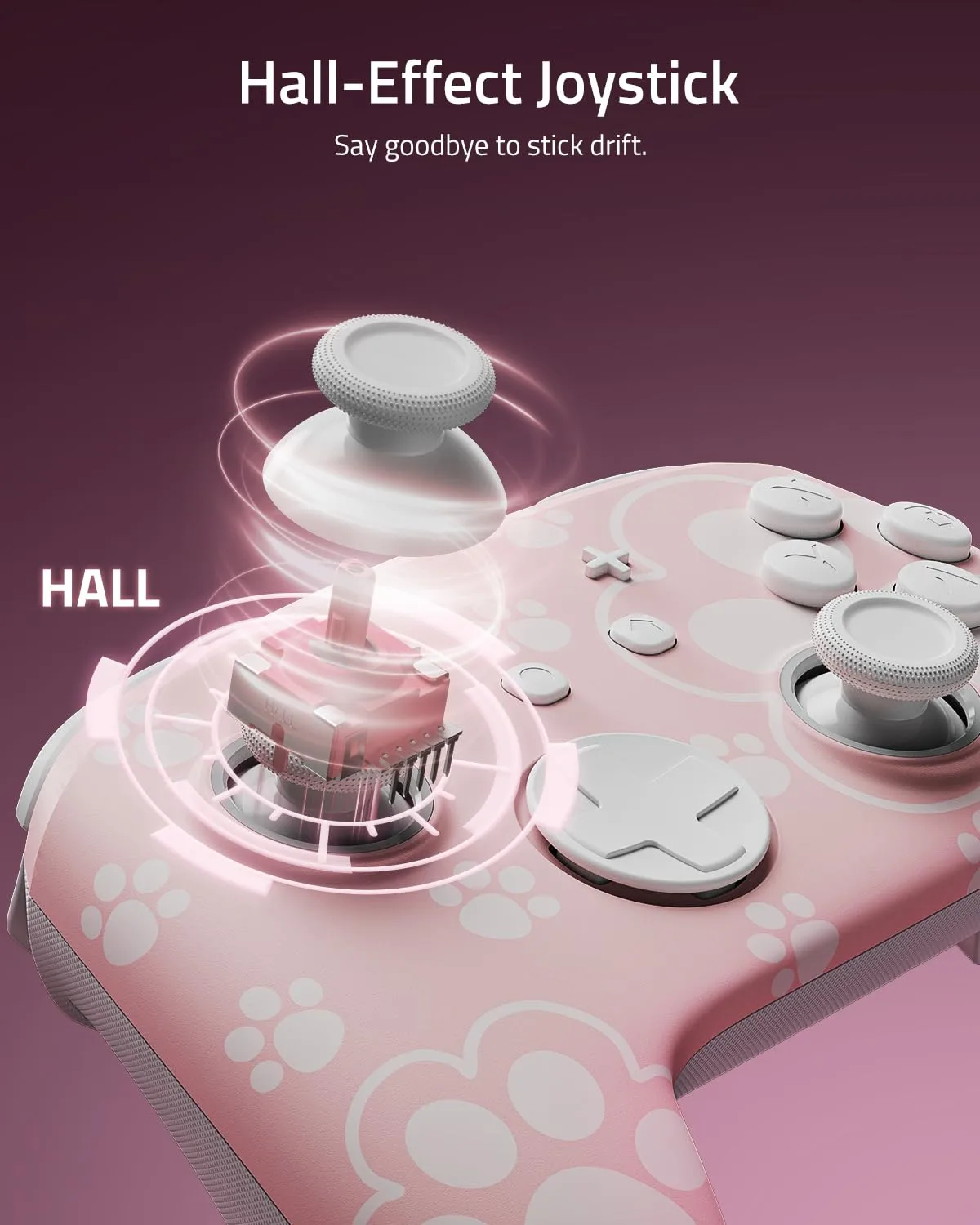 Cute Switch Pro Controller Wireless Compatible with Nintendo Switch 2/OLED/Lite, Grily Hall Effect Controller, Firefly Bluetooth Remote Gamepad Controles Pink with 7 LED Colors/Paddle/Turbo- Cat Paw Pattern