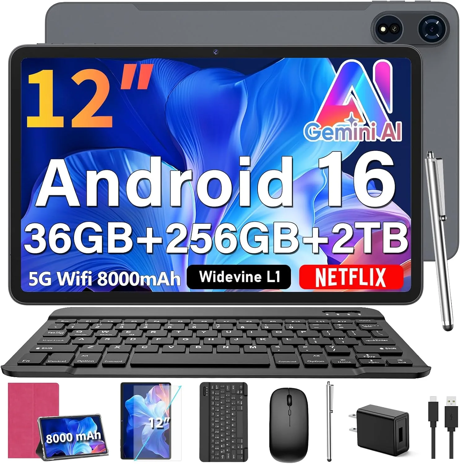12 Inch Tablet with Keyboard - Android 16 Tablet, 36GB+256GB+2TB, Gemini AI