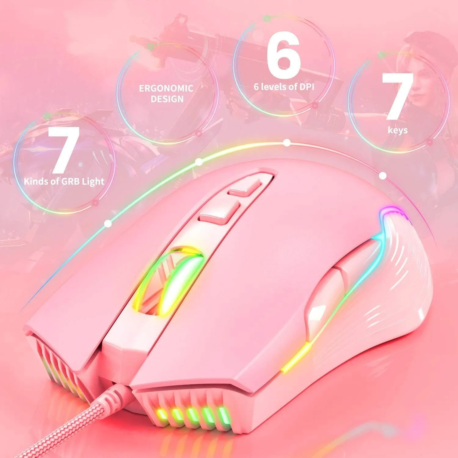 RGB Gaming Mouse Wired, 6400 DPI & 7 Buttons, Pink