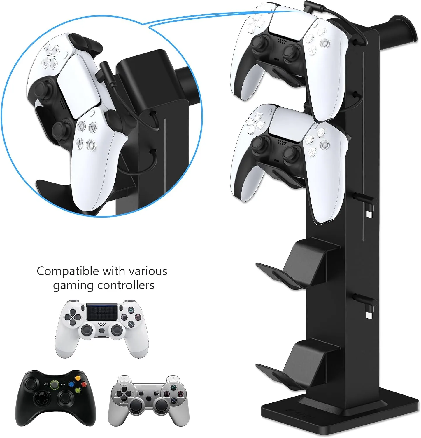 KAFRI RGB Gaming Headphone Stand with Controller Holder, Desk Organizer with Retractable Charger Cable, 2 AC Outlets & 4 Type-C Charging Ports, PC Gaming Accessories for Headset & Controller (Black)
