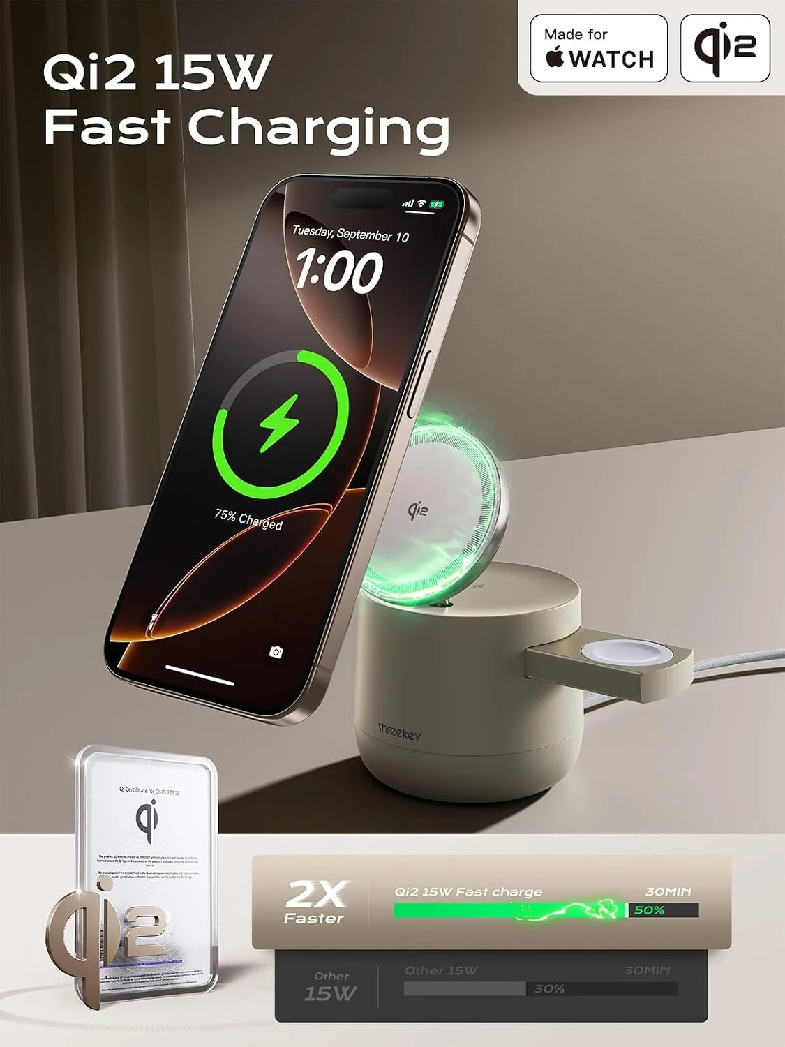 THREEKEY 4 in 1 Qi2 Magnetic Wireless Charging Station, 15W Fast Charger with Made for Apple Watch Charging Module, for iPhone 18–12 Series & AirPods, 65W Adapter Included