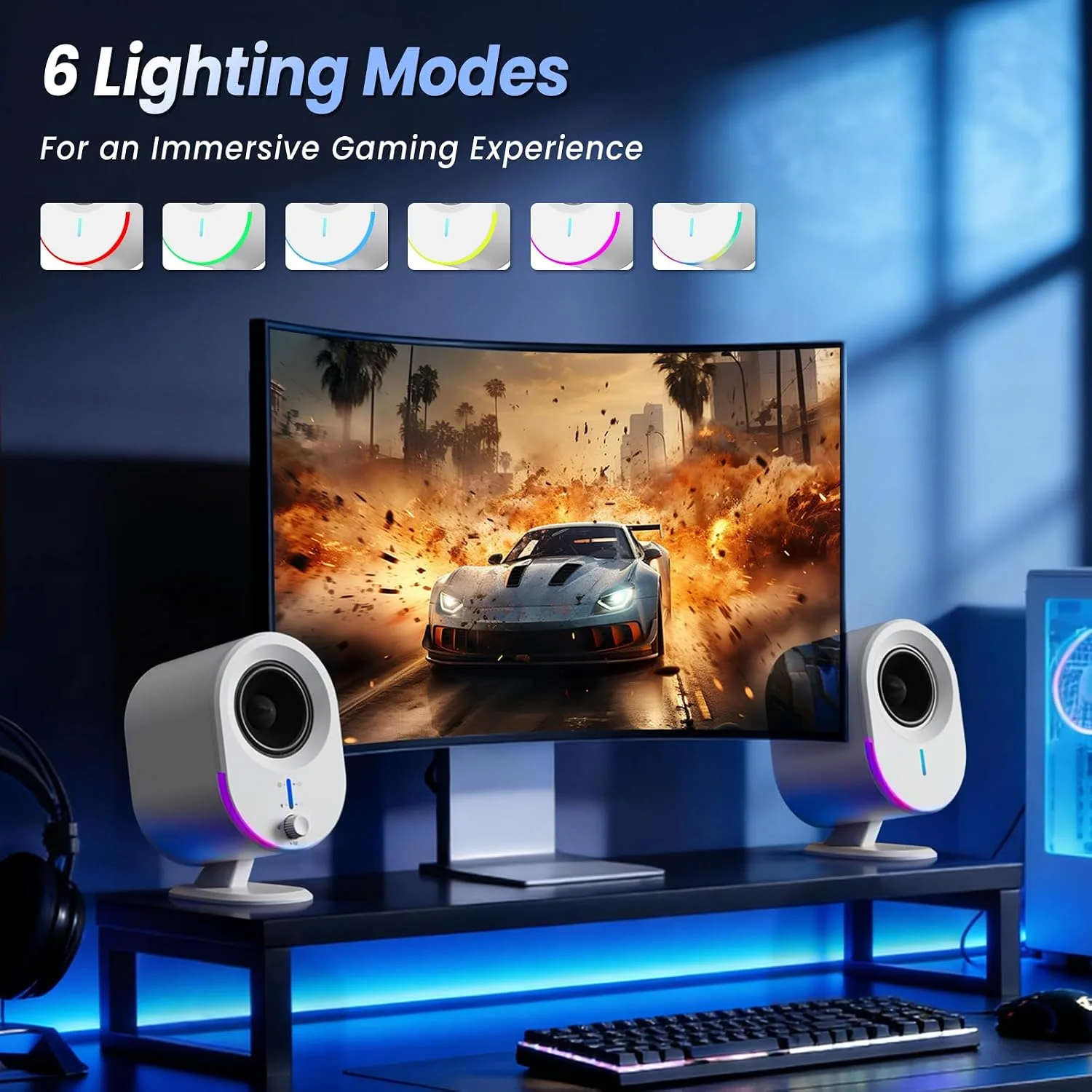LITTOAK Bluetooth PC Gaming Speakers, 2 * 15W 2.0CH Stereo with 3 EQ & 6 RGB Modes, AC Powered Desktop Speakers with Aux/USB/Headphone Port for Laptop/TV, White