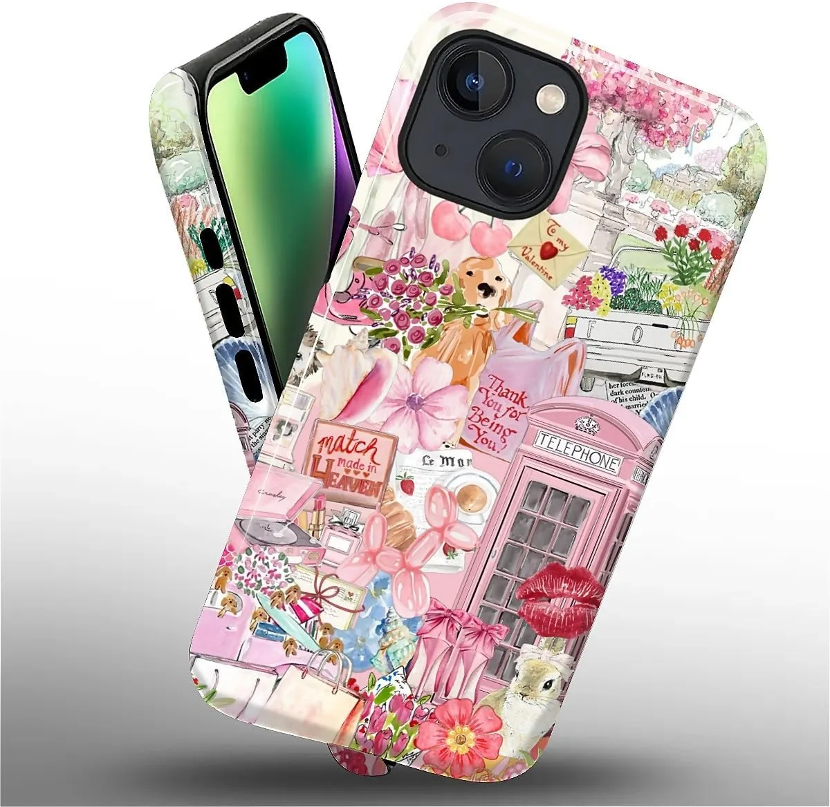 DAIZAG Case for iPhone 13/14,Mixed 2 Layer Design Shockproof Soft TPU Ddouble Protection Phone Case for iPhone 13/14-Cute Pink Animal Garden Collage