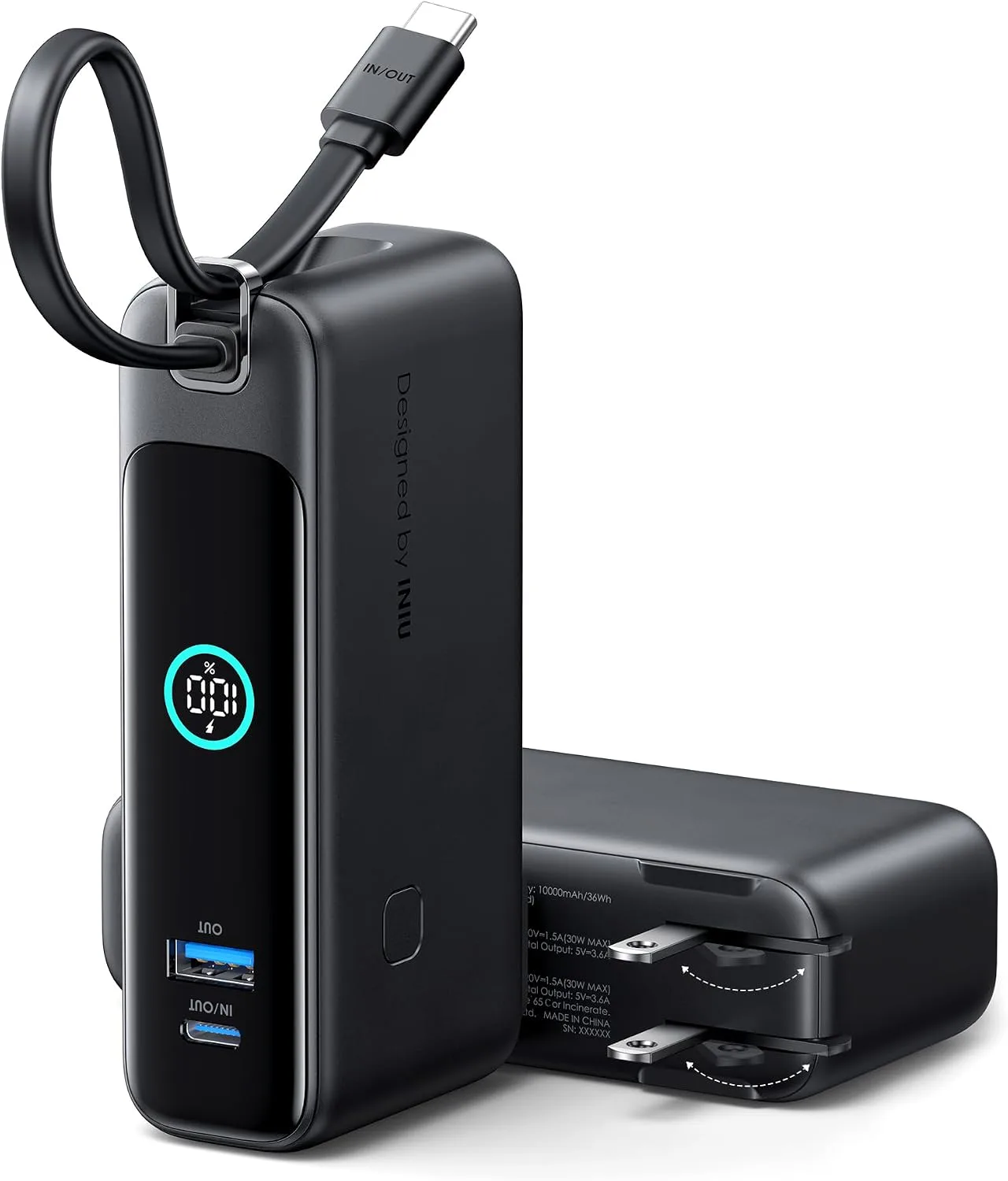 INIU 30W Fast Charging Portable Charger, with Built-in Cable & AC Wall Plug