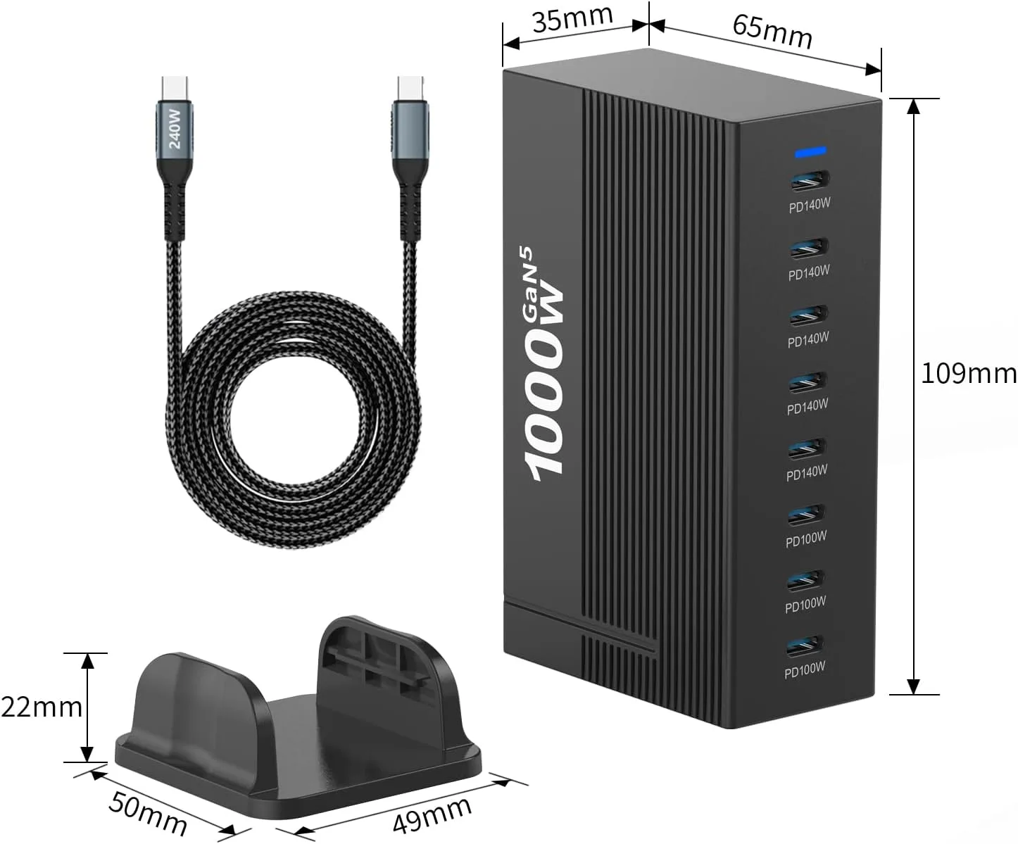 1000W 8-Port GaN5 Desktop Charging Station, High-Power USB Charging Hub with 5X 140W and 3X 100W PD Ports, Fast Charger for Laptops, Tablets, and Smartphones