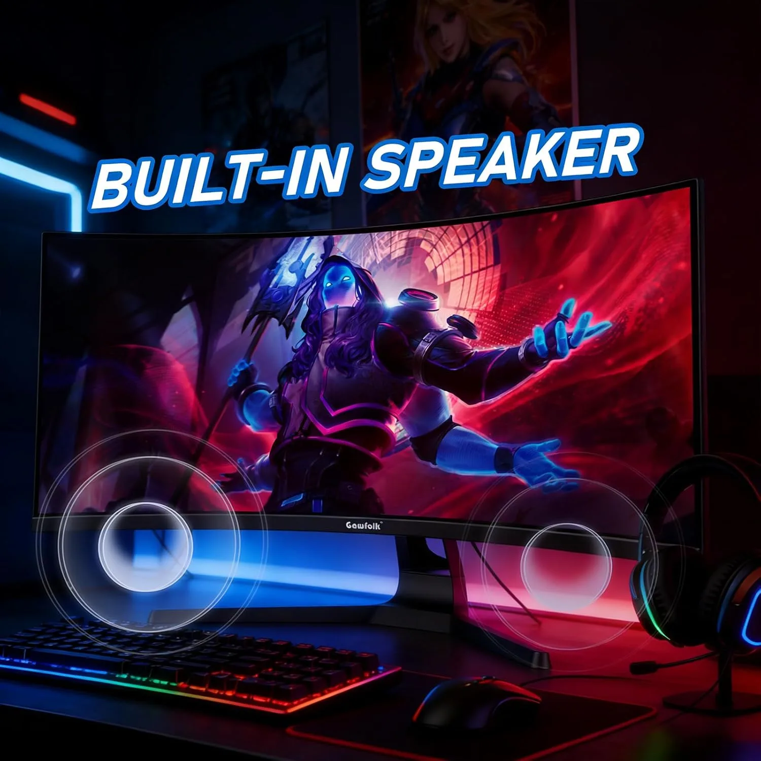 Gawfolk 34 Inch Curved Gaming Monitor 240Hz PC Screen Built-in Speakers