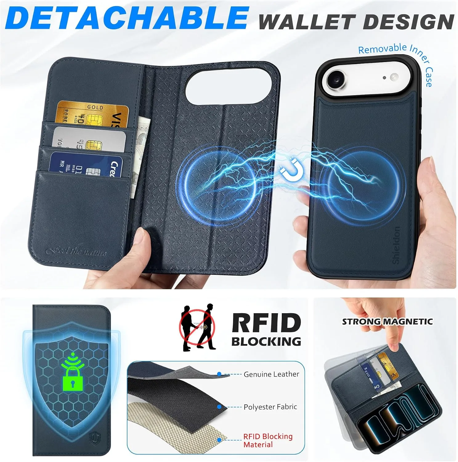 SHIELDON Detachable Leather Wallet Case for iPhone Air 6.5" 2025, Navy Blue