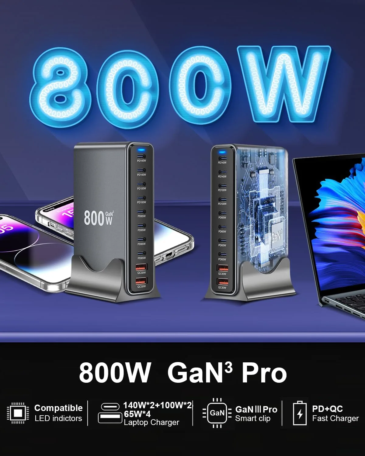800W USB C Charger Block, 10-Port USB Charging Station with Dual 140W PD