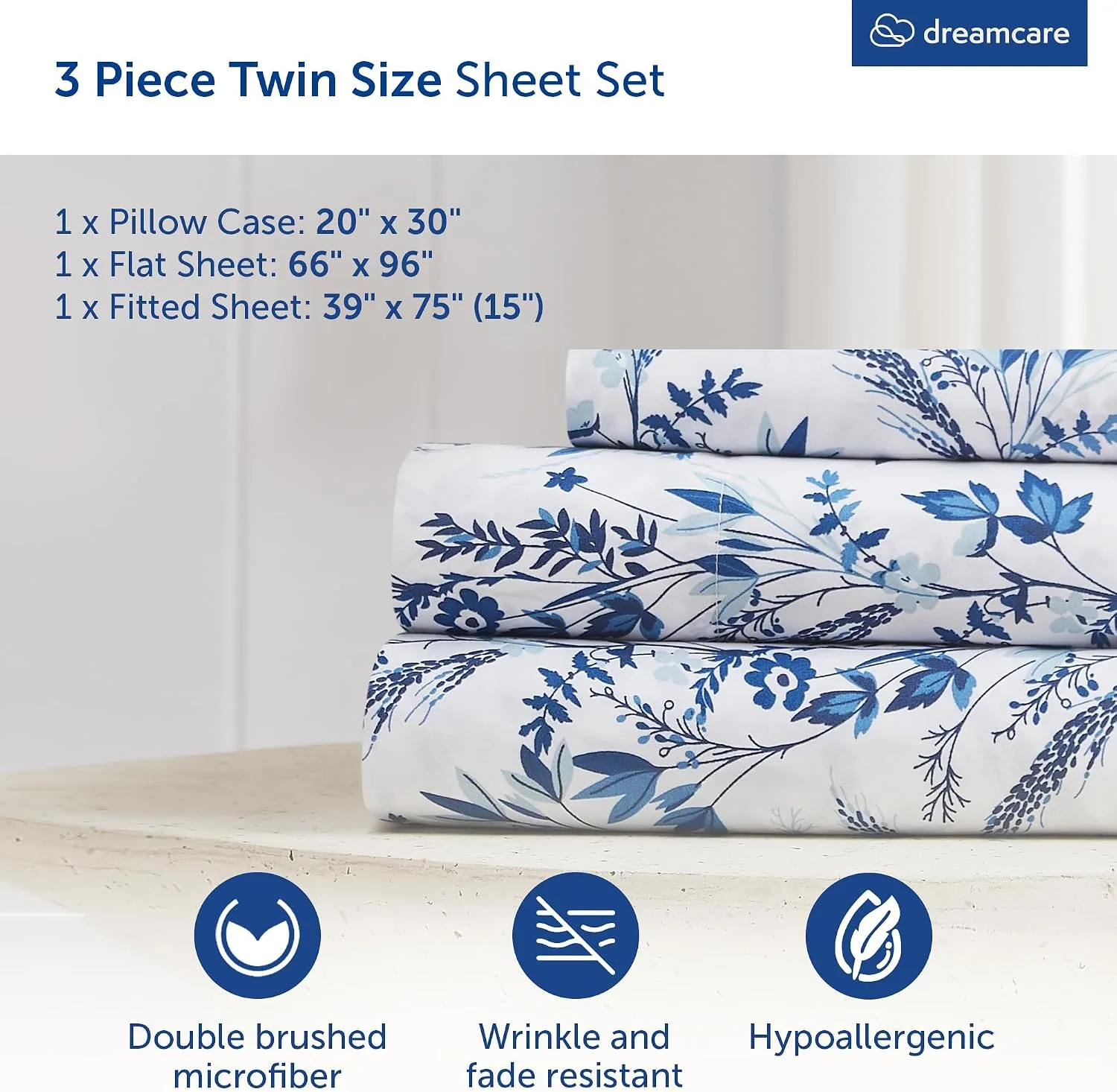 DREAMCARE Twin Sheets - 3 pcs Breathable Cooling Twin Bed Sheets