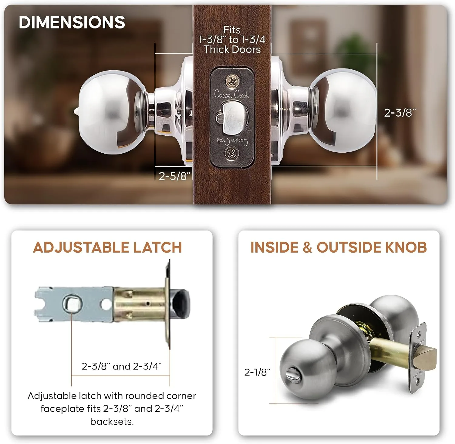 Copper Creek Privacy Interior Door Knob – ANSI Grade-3 Certified, Modern Heavy Duty Handle, Easy Install and Reversible for Bedroom, Bathroom & Closets – Satin Stainless (1 Pack)