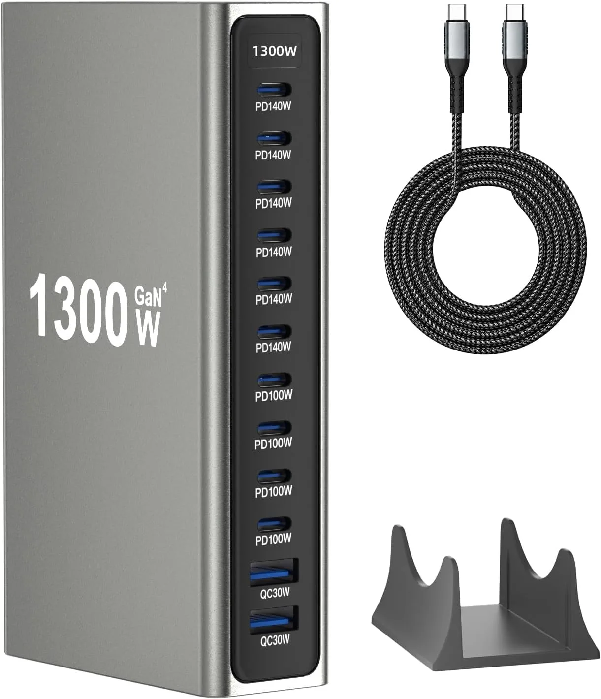 800W GaN3 10-Port USB-C Charging Station - Fast Charger for Laptops, Tablets, Smartphones, and More (Black)