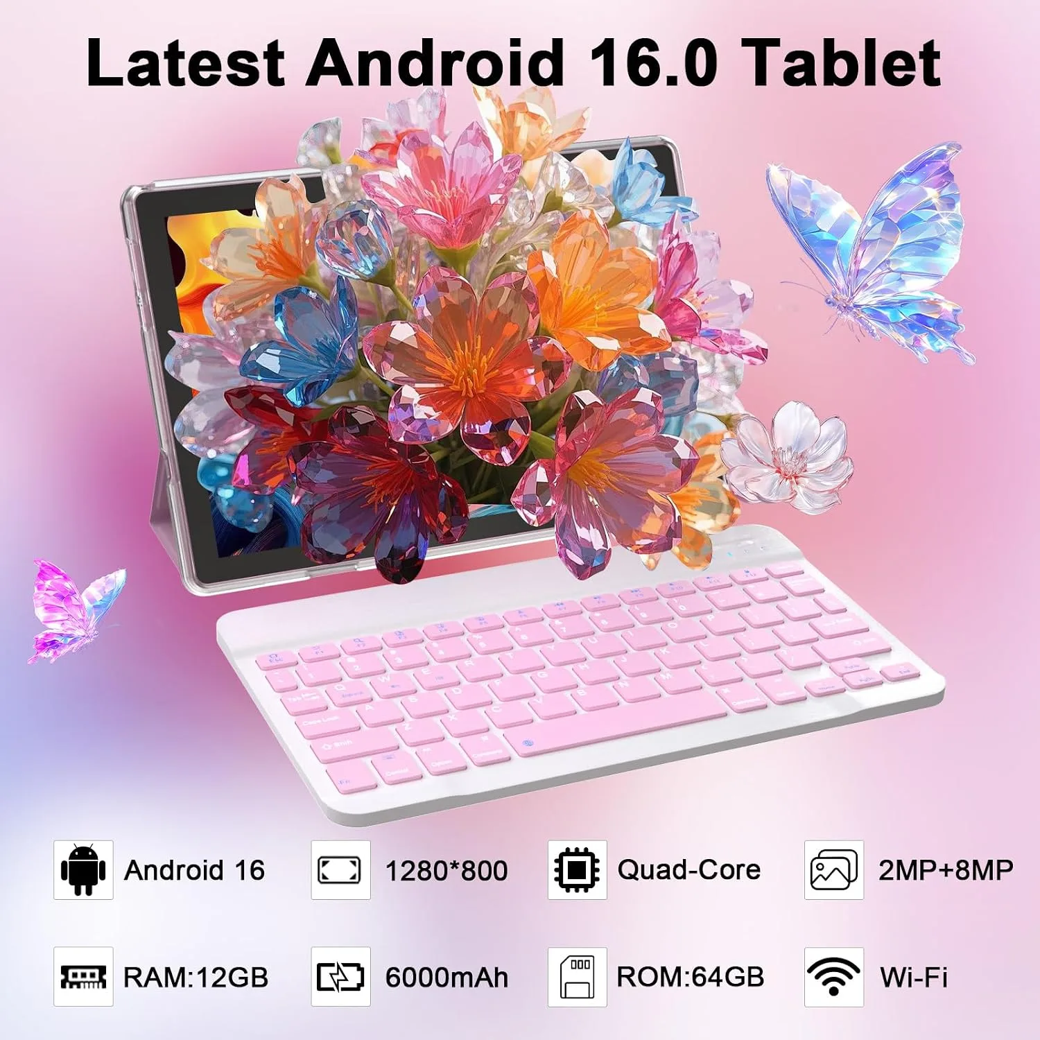Tablet Android 16 10 Inch 12GB RAM+64GB ROM/ 1TB Expandable, 1280 * 800 HD Touch Screen, 5G WiFi6 BT 5.0, 2 in 1 Tab with Keyboard Case Mouse Stylus (Pink)