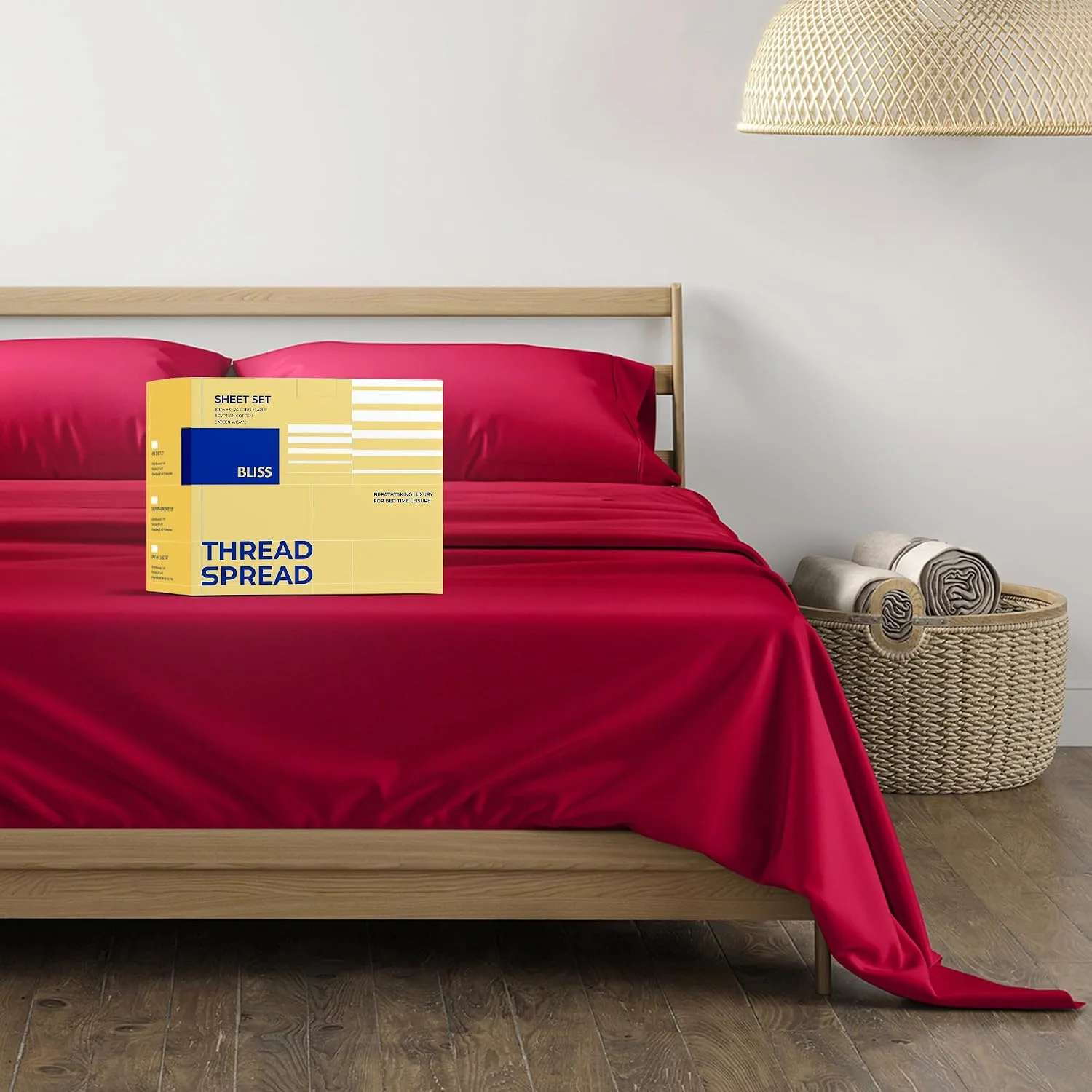 THREAD SPREAD Egyptian Cotton Sheets King Size - Luxury 600 Series King Size Sheets Set (4 PC, Red), 16" Deep Pocket All Around Elastic, Soft, Cooling, Sateen Weave, Durable Hotel Bed Sheet Sets