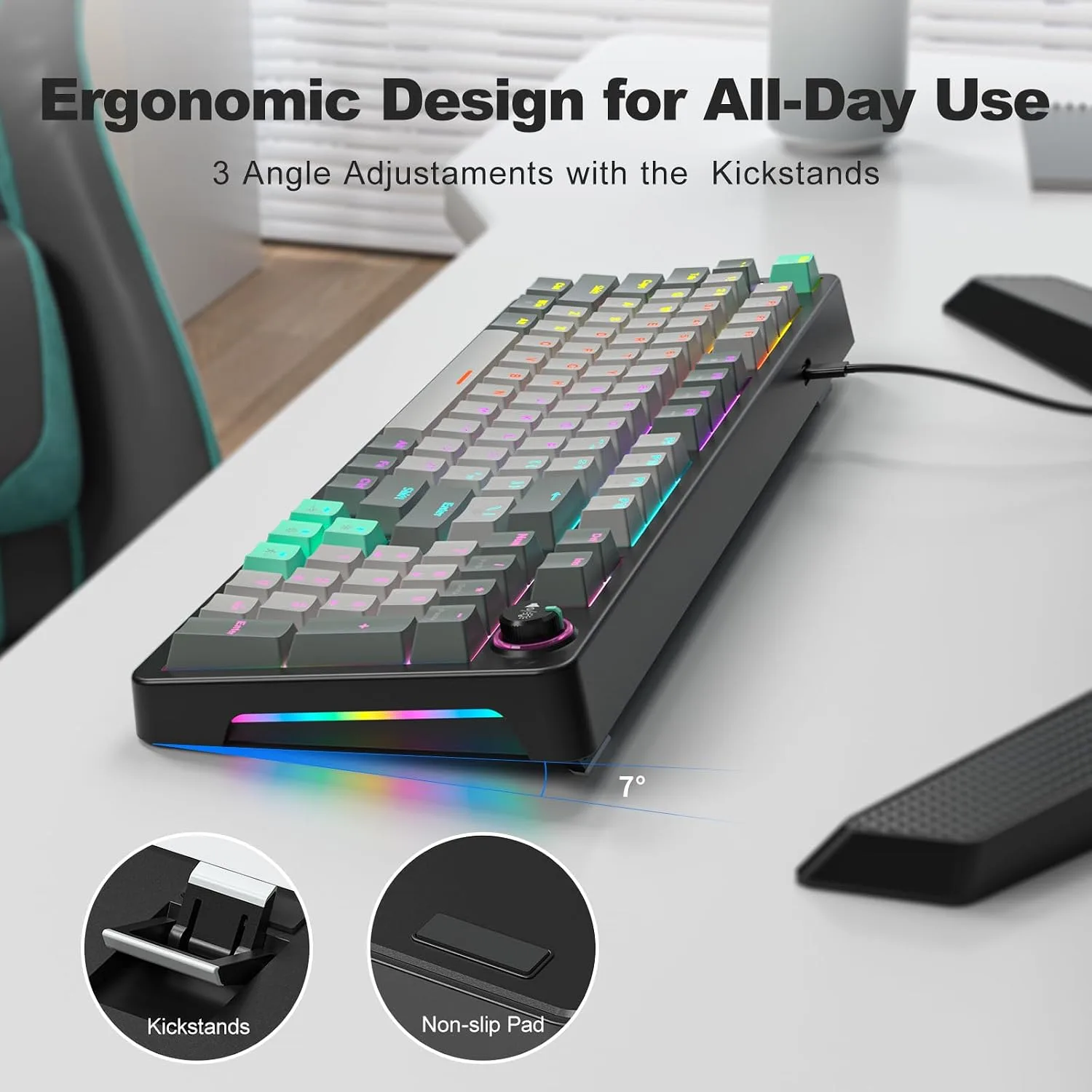 MOFII AK96 Mechanical Gaming Keyboard, Full Keys LED Backlit Programmable, Plug and Play USB A/C Wired Computer Custom Keyboard with Sound/Light Control Knob for Win/Mac - Gray & Black