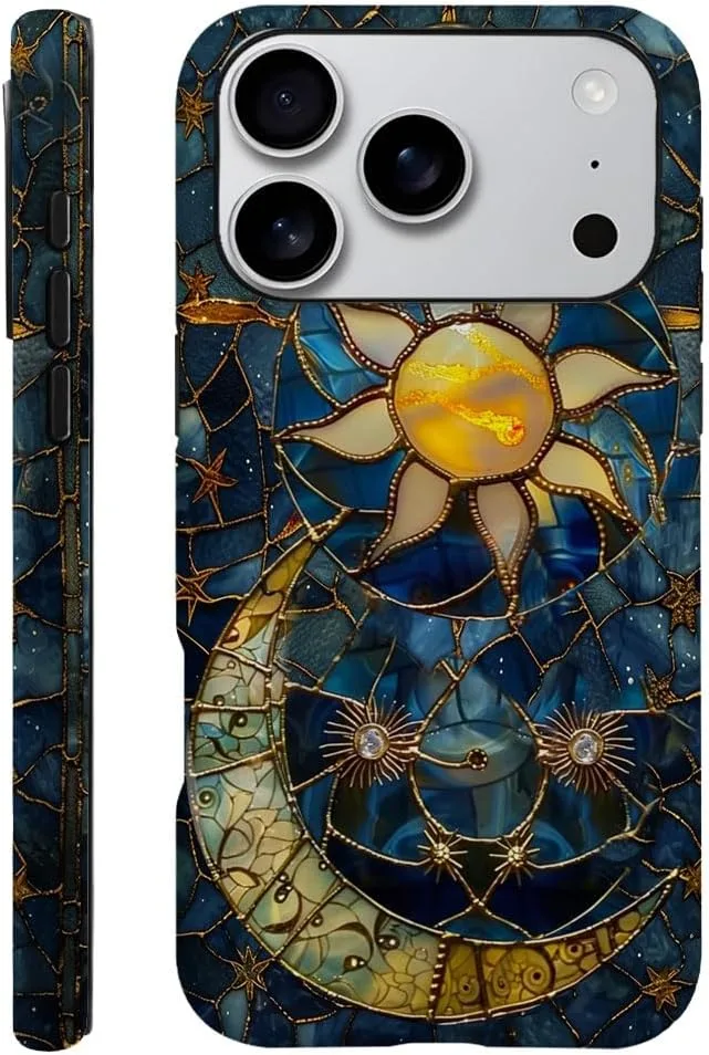 Case Compatible with iPhone 18 Pro/iPhone 17 Pro,Fall Prevention Hybrid 2-Layer Hard Shell Phone Cover for Girls Boys,Sun Moon Celestial Glass