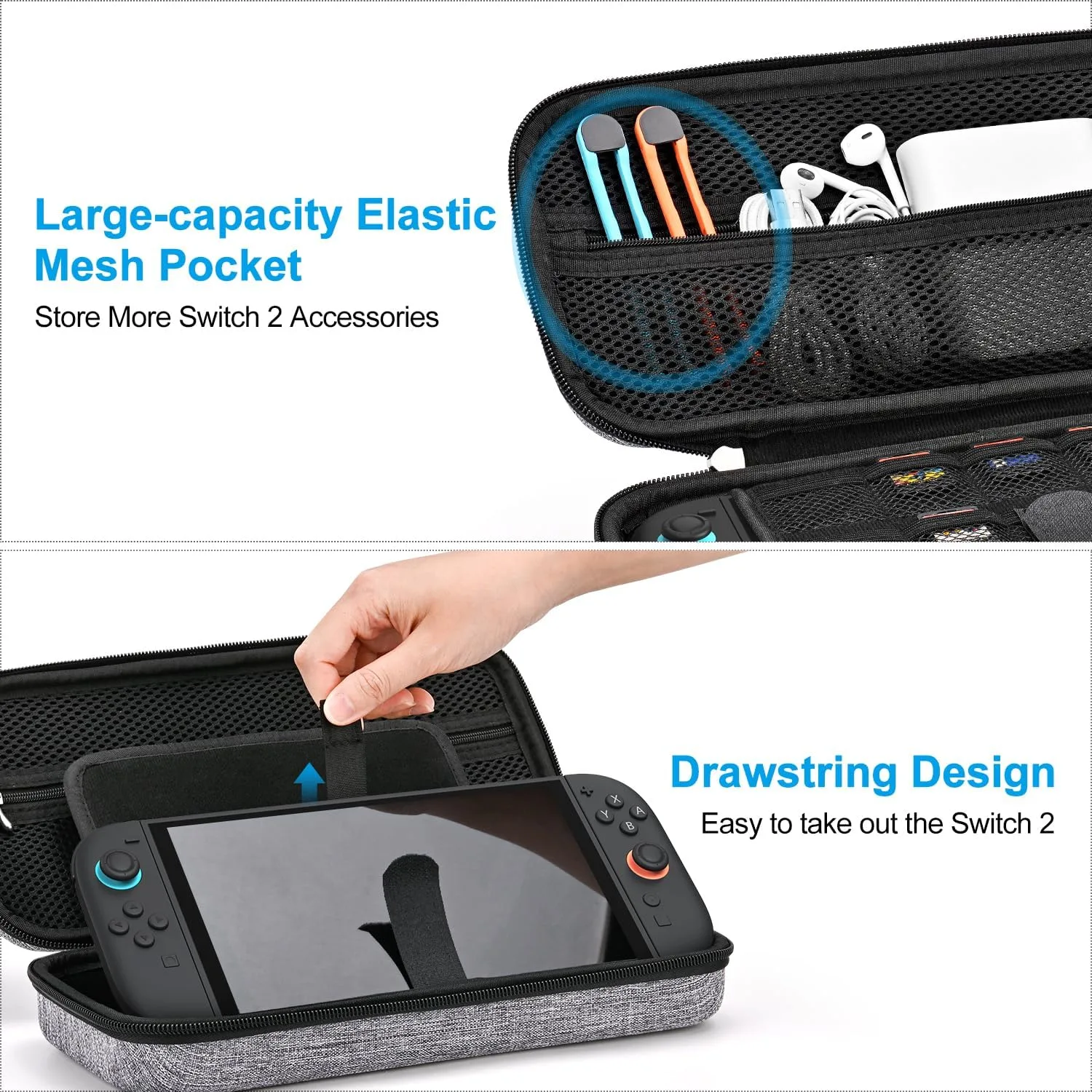 innoAura Switch 2 Case 14-in-1 Bundle for NS Switch 2 (2025), with Carrying Case, Protective Cover, Thumb Grips, Screen Protector, Cute Pendant and Sticker, Gray