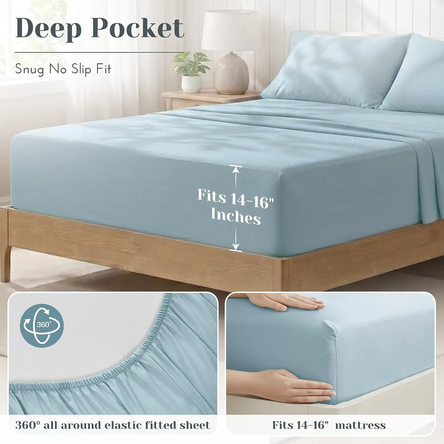 Comfort Spaces 100% Cotton Percale Sheets Queen Sheet Set 4 Pcs, Light Blue