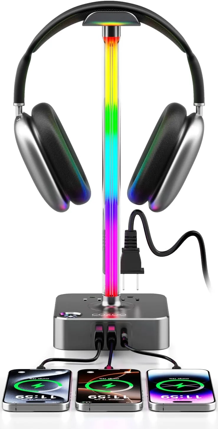 cozoo Headphone Stand with Charger, USB C, Gifts for Gamers Men, Gray Pro