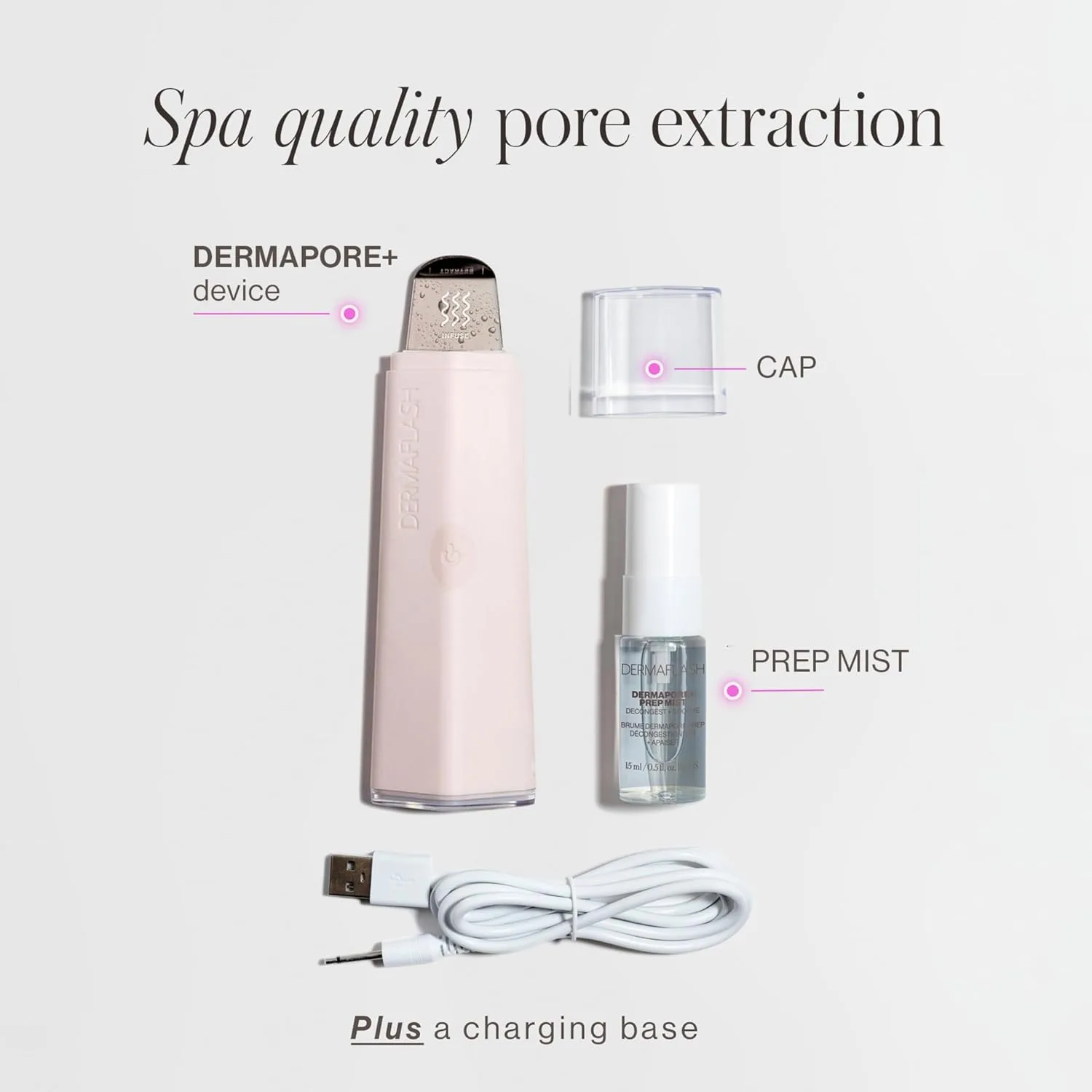 DERMAFLASH DERMAPORE+ Skin Care Device, Ultrasonic 2-in-1 Pore Extractor and Skincare Infuser, Blush
