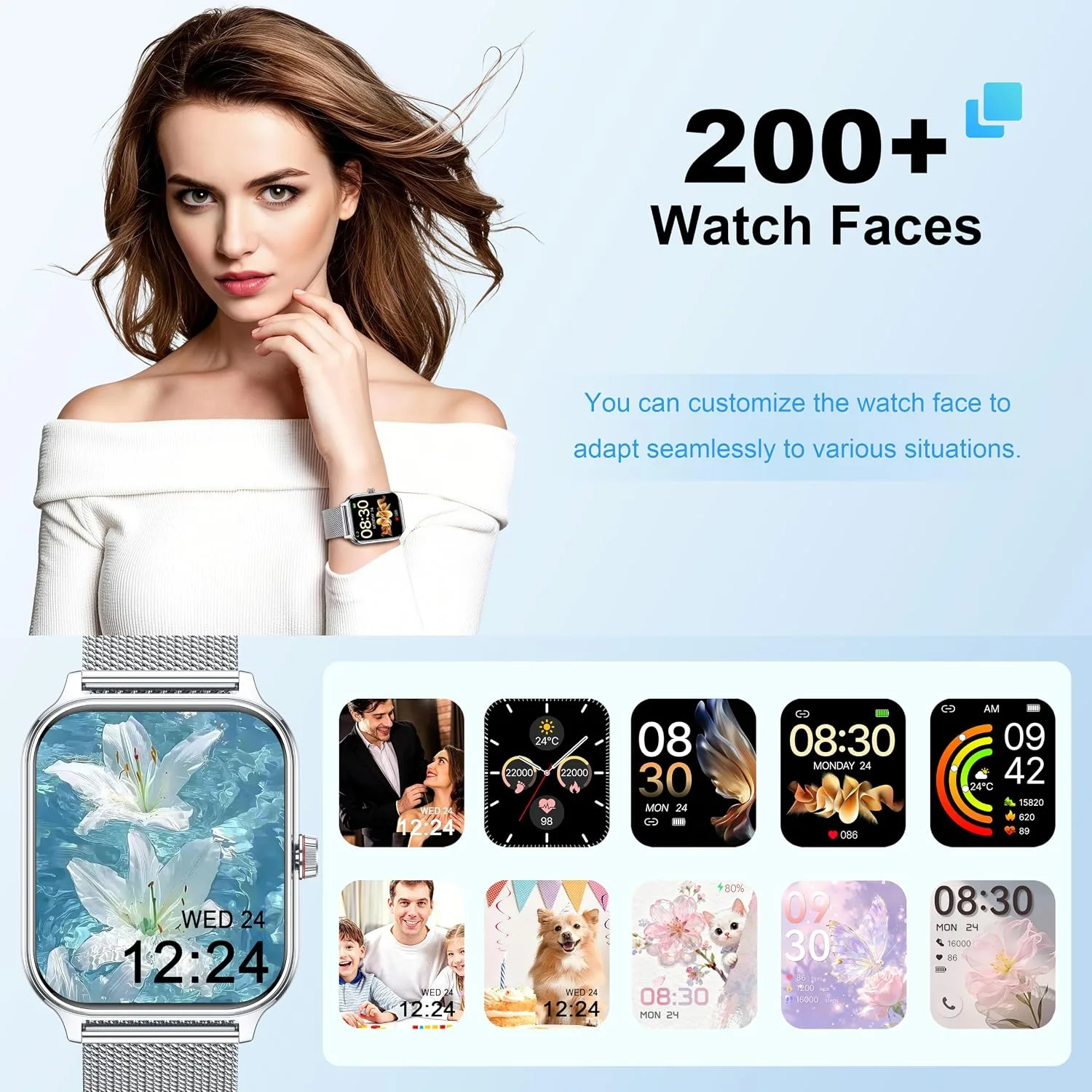 Smart Watch Women Men, 1.96" Reloj Inteligente para Mujer, Fitness Tracker, Blood Pressure/Heart Rate/SpO2 & Sleep Monitor, 110+ Sport Modes, Make/Answer Call, Voice Assistant for iOS Android