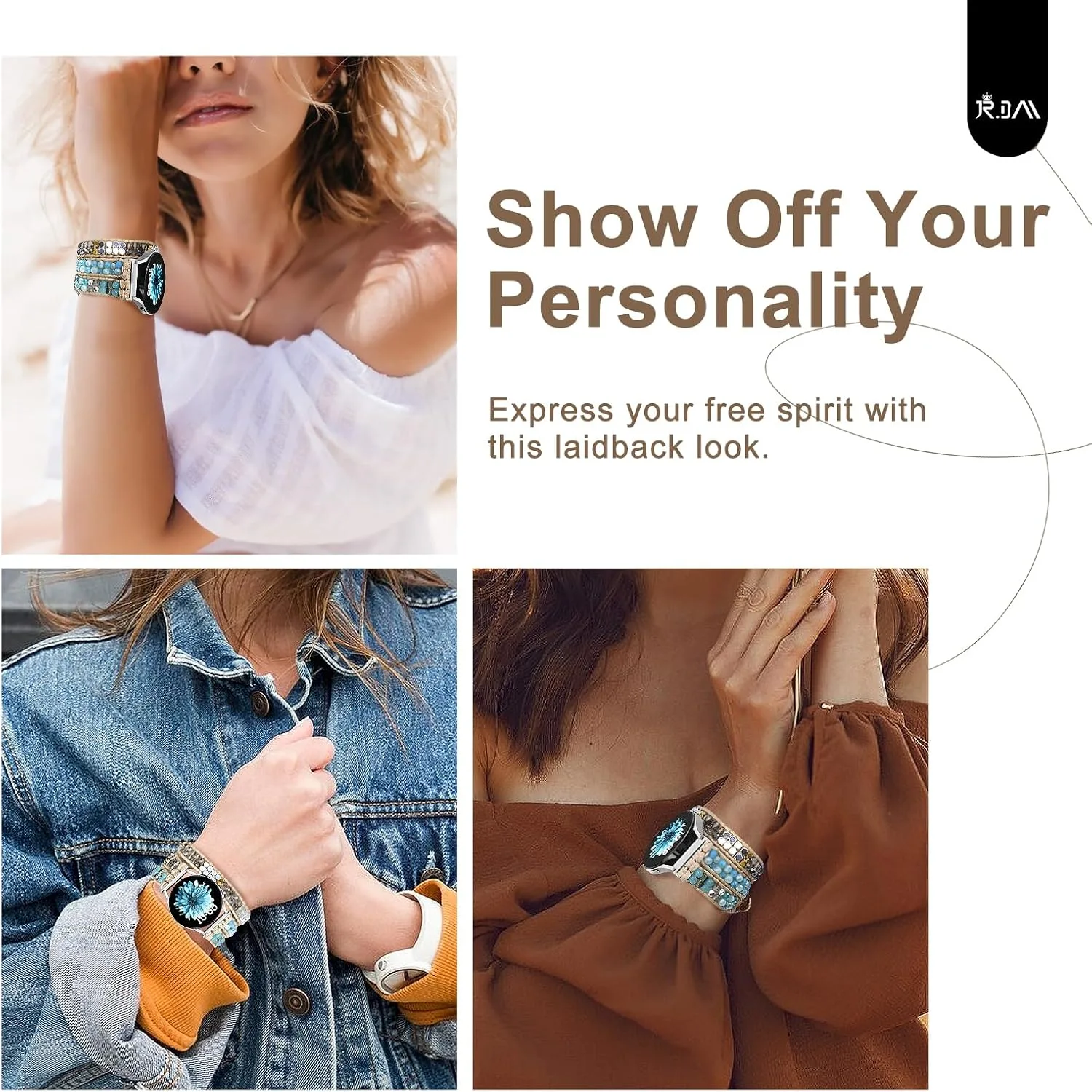 JR.DM Boho Beaded Handmade Braided Bracelet Band Women 20mm Compatible with Samsung Galaxy Watch 7/6/5/4/Active 2/4 Classic/6 Classic/5 Pro/FE 40mm 42mm 43mm 44mm 45mm 46mm 47mm