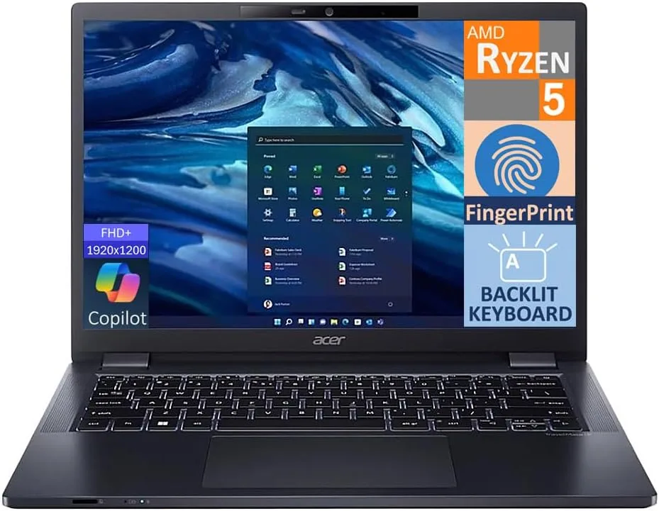 Acer TravelMate P4 Business Laptop 14.0" WUXGA Display (AMD Ryzen 5 PRO 6650U, 16GB DDR5, 512GB SSD, AMD Radeon 660M, Backlit KB, Fingerprint, WiFi 6E, Webcam, Win 11 Pro) (Renewed)