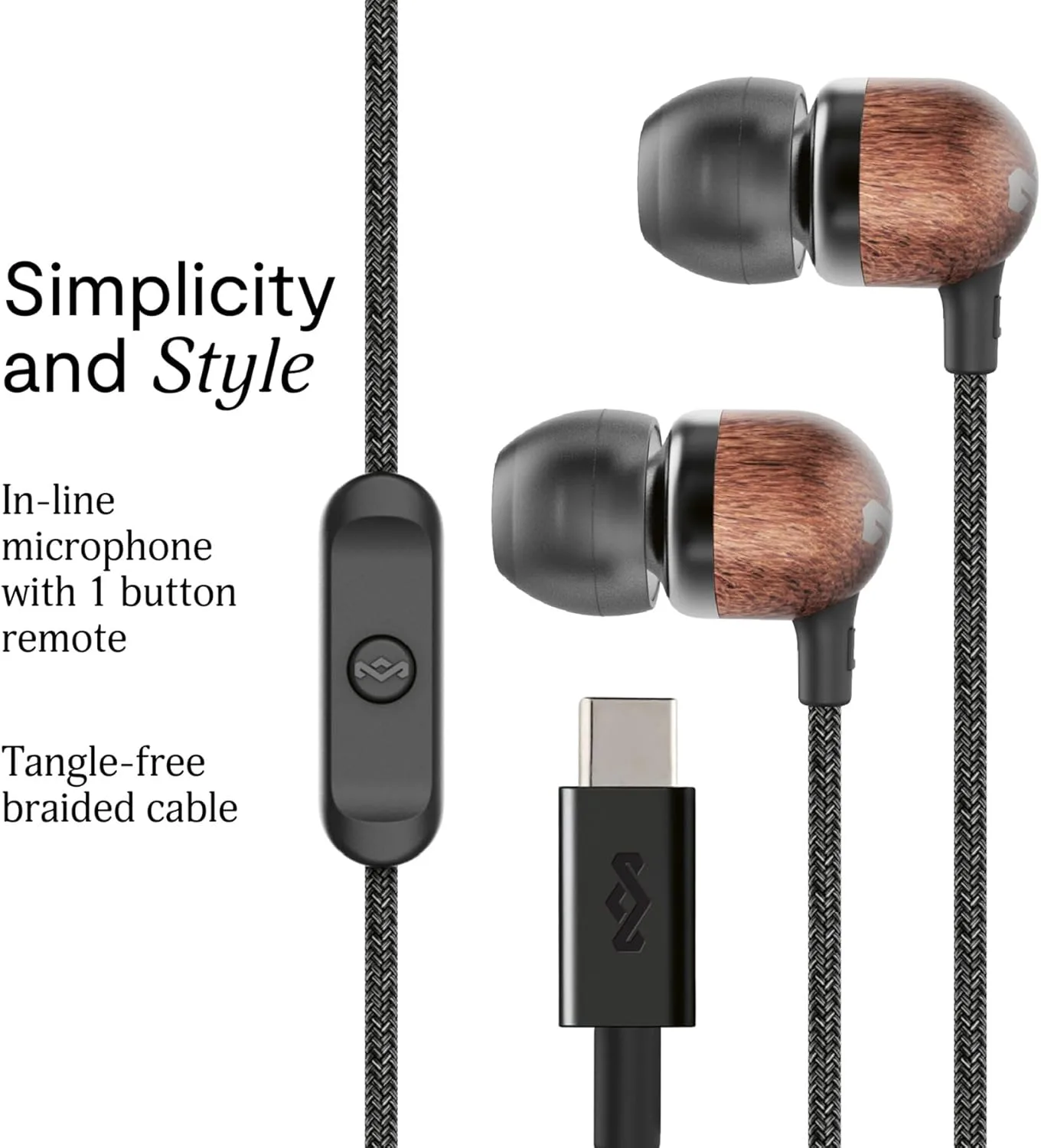 House of Marley Smile Jamaica USB-C Wired Earbuds with Microphone, in-Ear Headphones, 9.2mm Driver, Tangle-Resistant Cable, Plug-and-Play Earphones for Smartphones, Tablets & Laptops (Black)