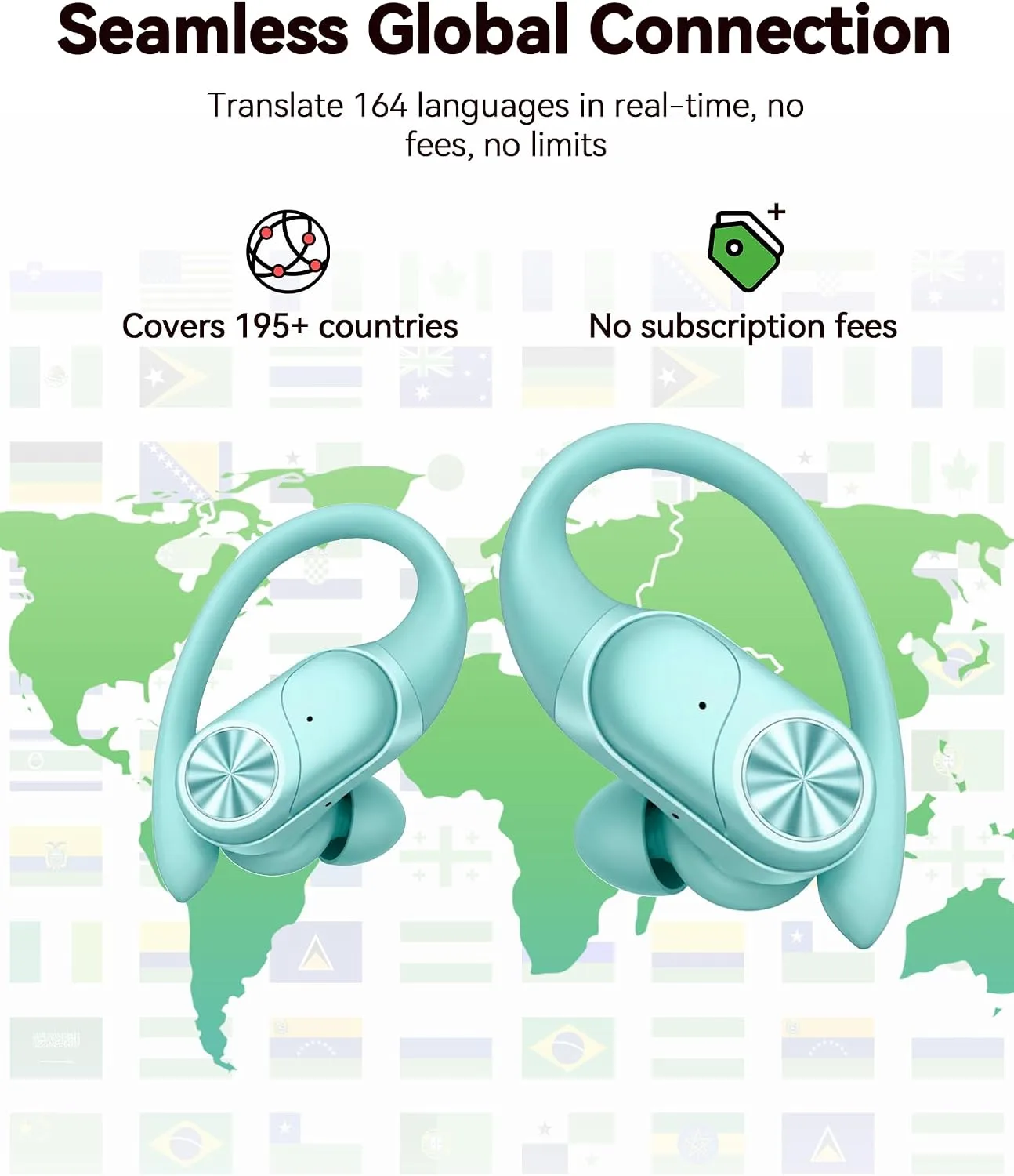 PocBuds Bluetooth Headphones Wireless Earbuds 80hrs Playtime Wireless Charging Case Digital Display Sport Ear buds with Earhook Deep Bass IPX7 Waterproof Over-Ear Earphones for Phone Laptop Mint Green
