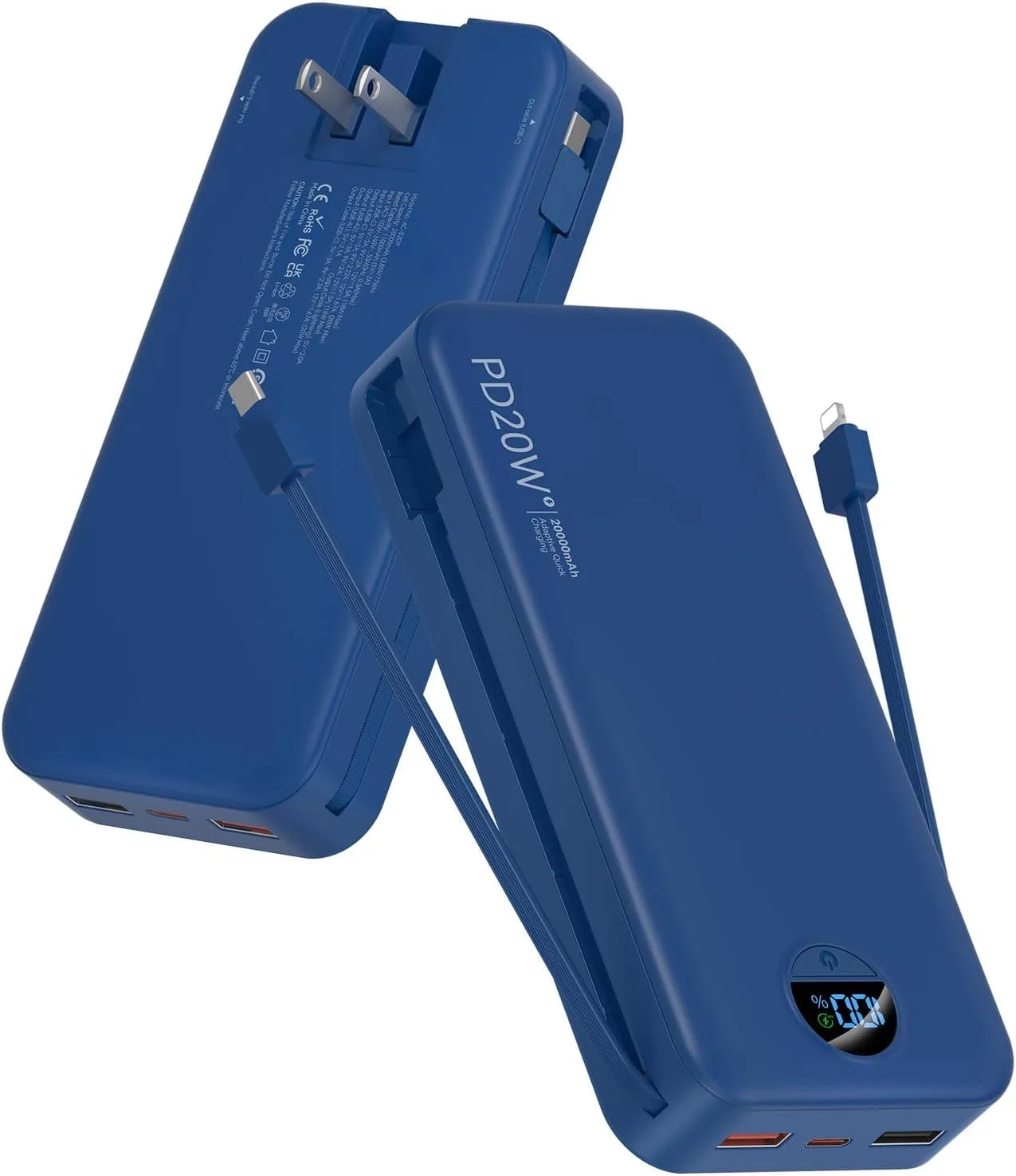 citicr Portable Charger 20000mAh PD20W w/Built-in Cables & Wall Plug Navy