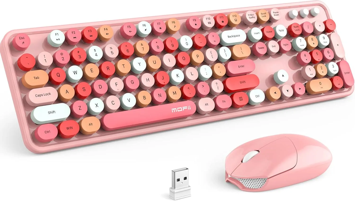 MOFII Wireless Keyboard and Mouse Combo, Pink Wireless Keyboard, 2.4GHz Retro Full Size with Number Pad & Cute Mouse for Computer PC Laptop Windows XP/7/8/10 (Pink-Colorful)