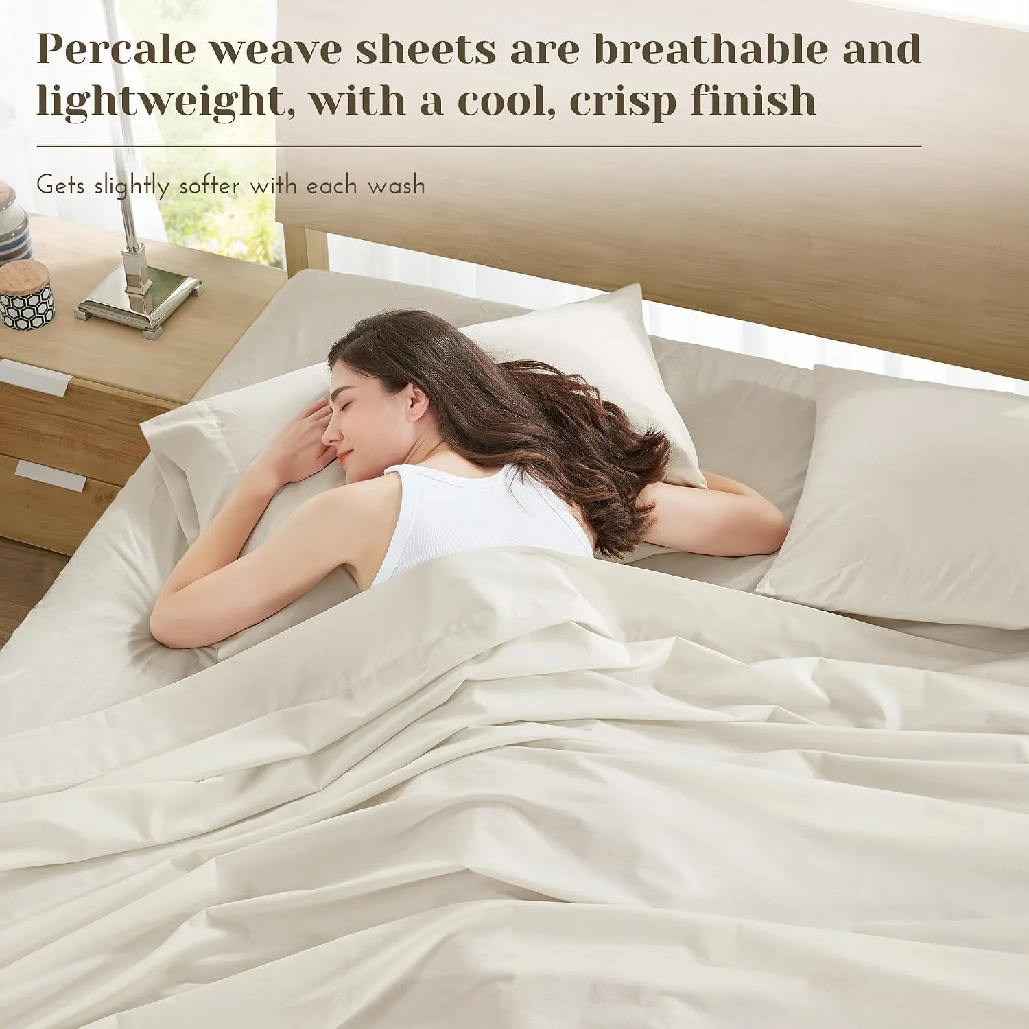 Comfort Spaces 100% Cotton Percale Sheets Queen Sheet Set 4 Pcs, Ivory
