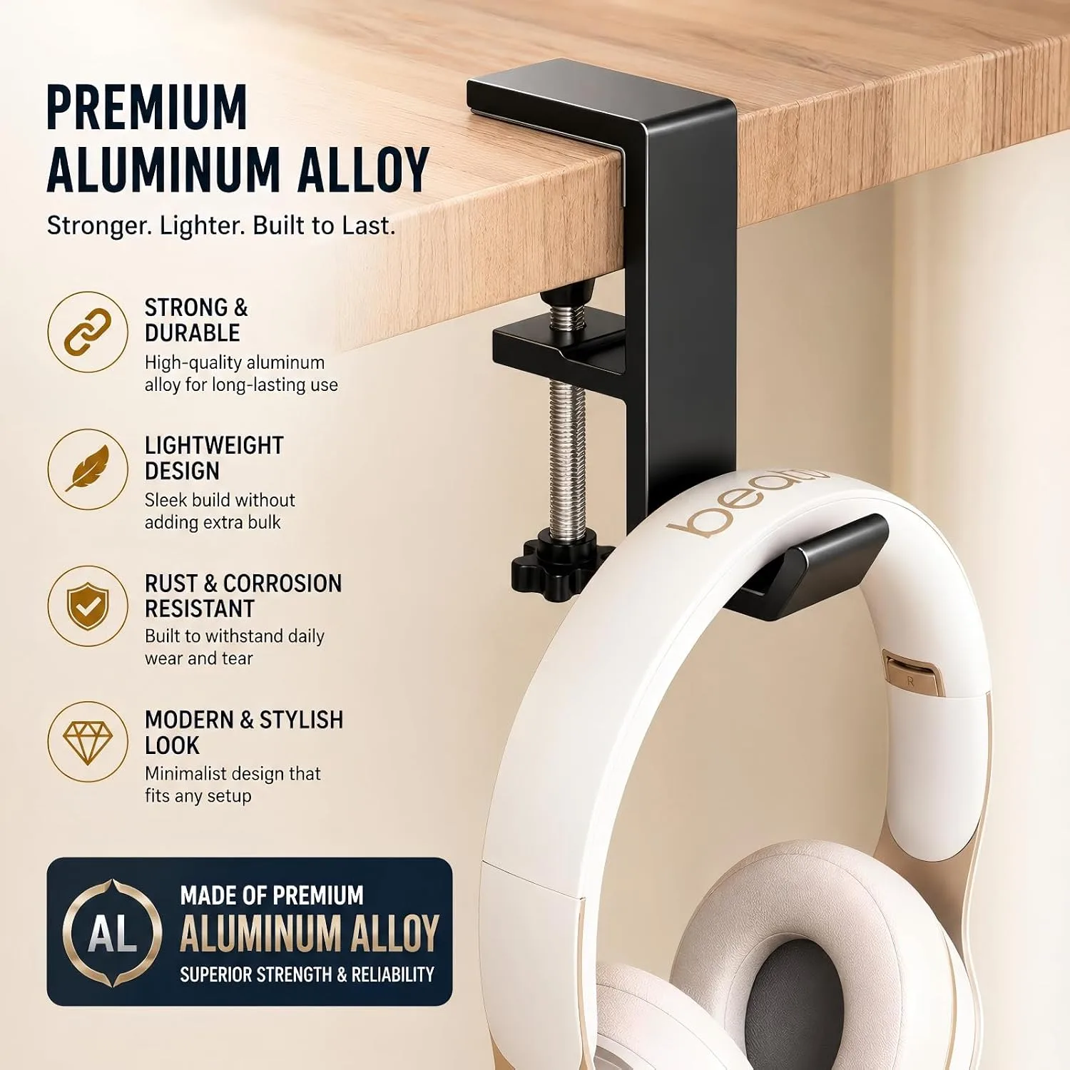 JAKO Headphone Stand - Aluminum Alloy Headphone Holder, Under Headset Stand for Desk Fit for PC Gaming Headset Hanger Hook Suitable for Office, Computer, Student Class Desk, Handmade Creator Table