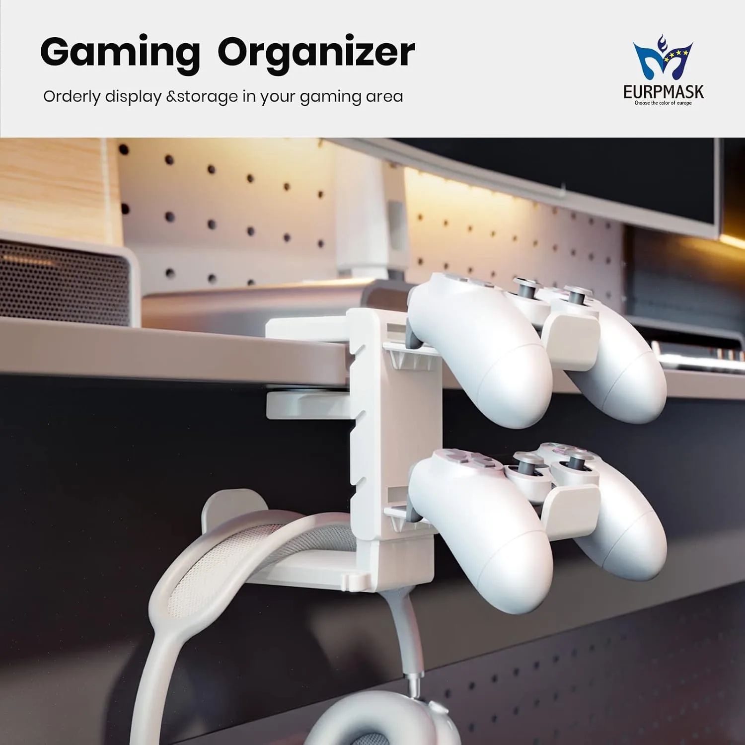EURPMASK 3-in-1 Rotating Headphone Stand w/2 Detachable Controller Holders